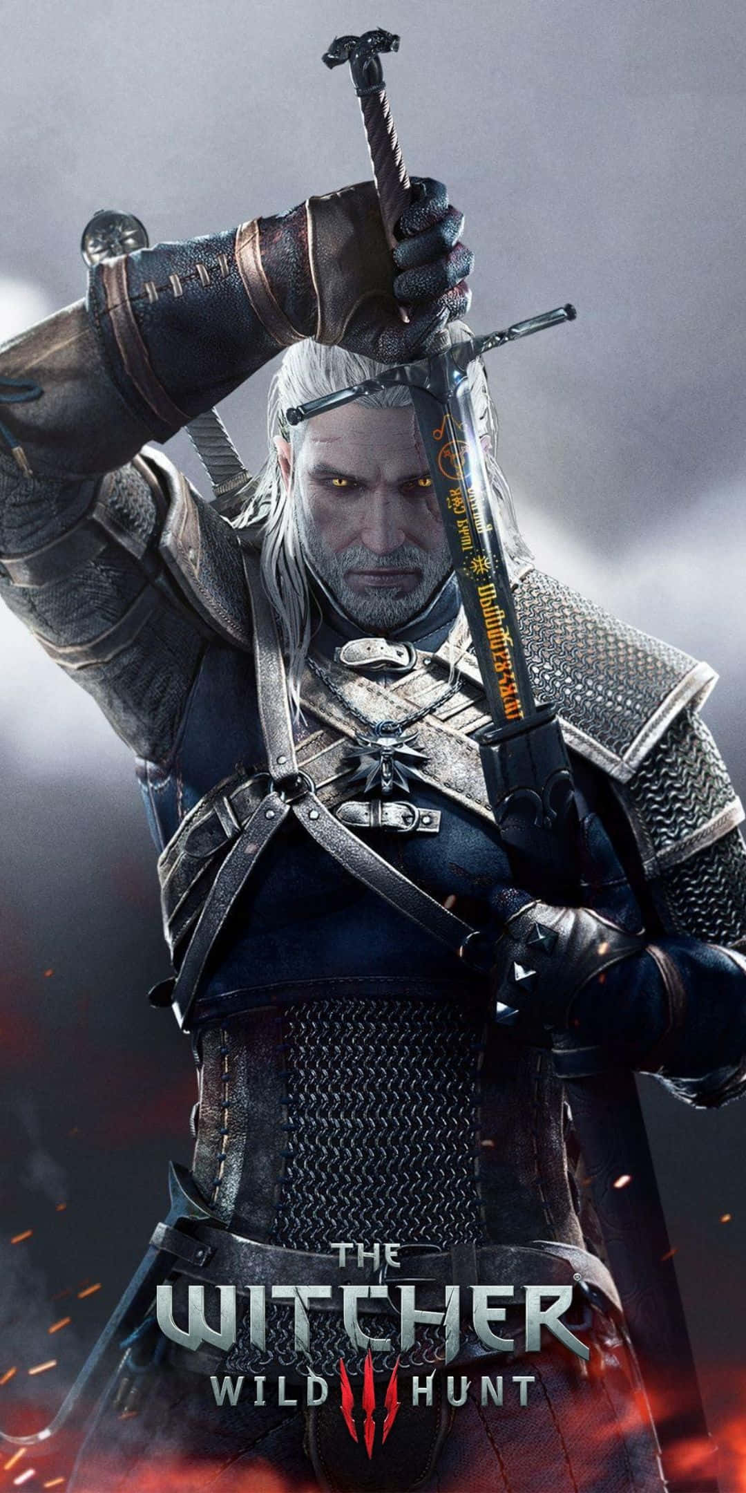 Pixel 3 The Witcher 3 桌布 壁紙 — 一個陰沉的戰士，白髮黃眼，身穿暗色盔甲，在煙霧繚繞的火光背景中舉起劍。