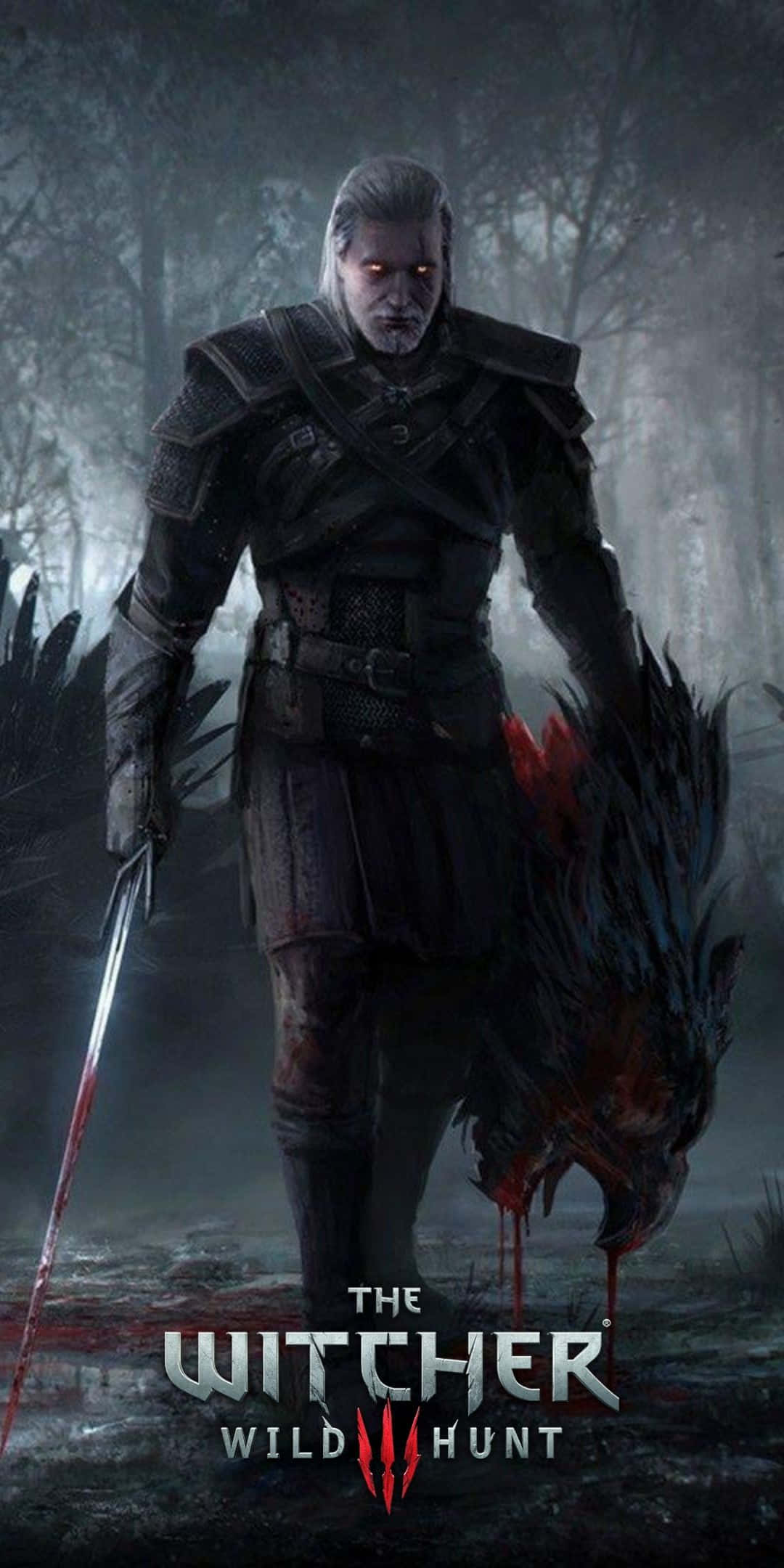 Pixel 3 The Witcher 3 桌布 壁紙 — 一個陰沉的戰士，眼睛發出紅光，手持血跡斑斑的劍，站在迷霧森林中，抱著一隻被殺死的野獸。