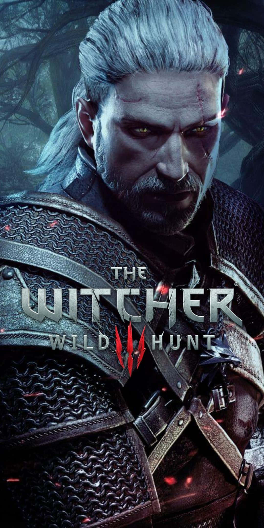 Pixel 3 The Witcher 3 桌布 壁紙 — 一個陰沉的戰士，銀色頭髮和發光的黃色眼睛，在陰暗的森林中穿著暗色盔甲，凝視著。