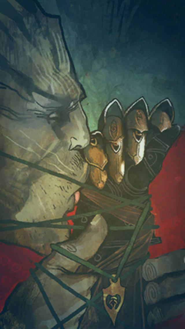Dragon Age Phone 桌布 壁紙 — 一個陰沉的戰士身穿盔甲，在黑暗的天空下擁抱一匹馬，綠色繩索將他們綁在一起。