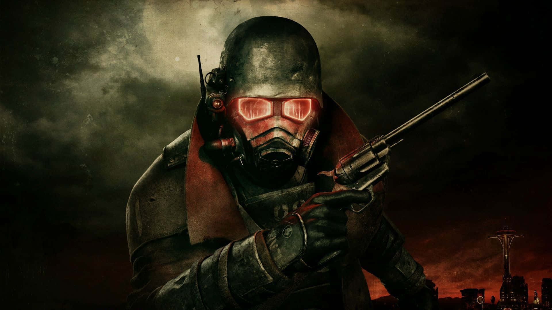 Fallout Nv 桌布 壁紙 — 一個陰沉的未來士兵戴著頭盔，紅色護目鏡發光，在黑暗的末日天空下瞄準左輪手槍，遠處有城市剪影。
