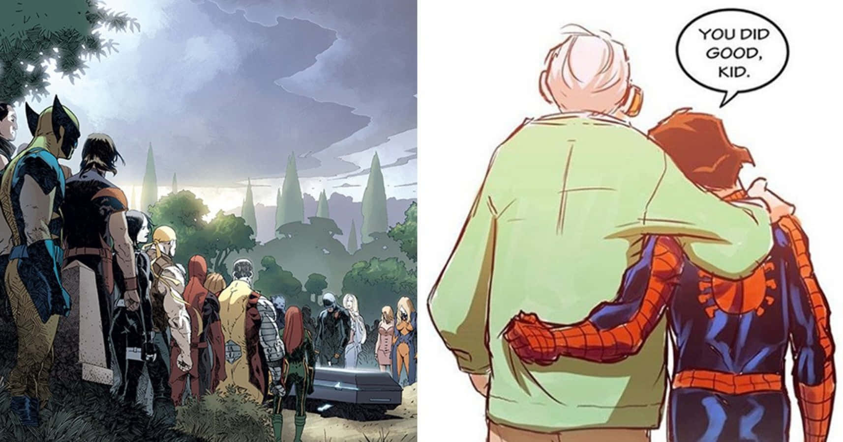 Stan Lee Tribute 桌布 壁紙 — 一個陰沉的漫畫格顯示一群人在墓前哀悼，而另一格則描繪一位年長男子擁抱年輕的蜘蛛人，給予安慰的擁抱。