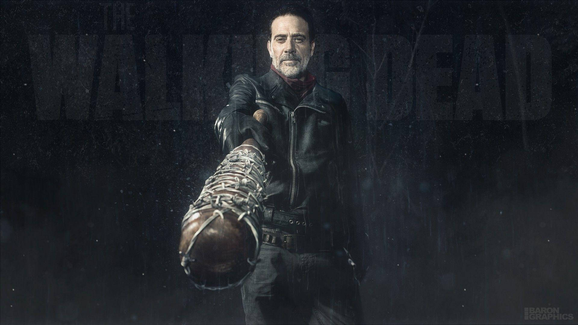 Negan 桌布 壁紙 — 一個陰沉的男人穿著皮夾克，在黑暗的雨夜中拿著一根帶刺的棒球棍。