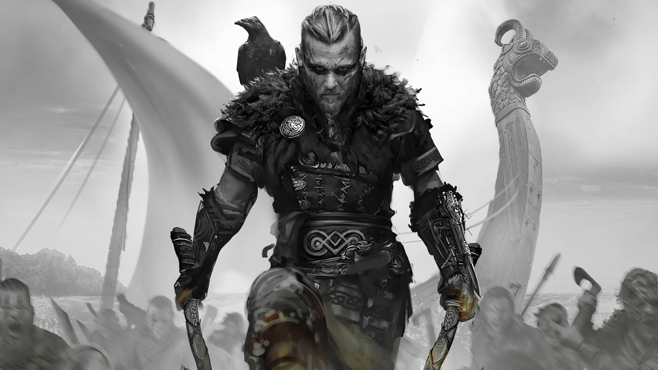 Valhalla 桌布 壁紙 — 一個陰沉的維京戰士，肩上棲著一隻烏鴉，以單色向前邁進，兩側是長船和準備戰鬥的戰士。