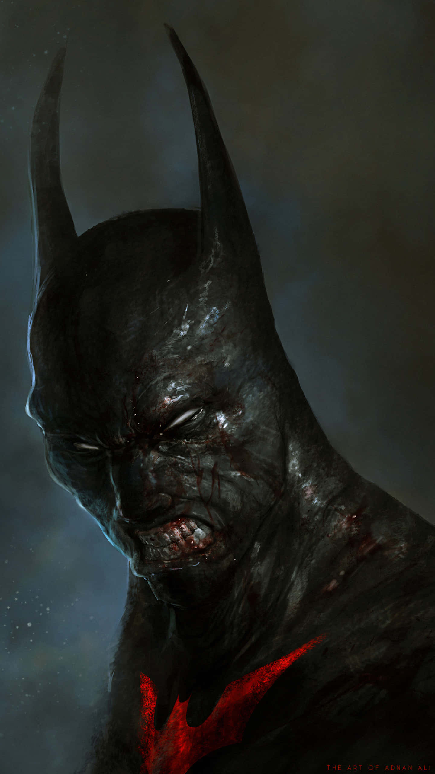 Cool Batman 桌布 壁紙 — 一個陰沉的蝙蝠俠，臉上沾滿鮮血，頭罩破爛，在黑暗煙霧繚繞的背景中凝視著。