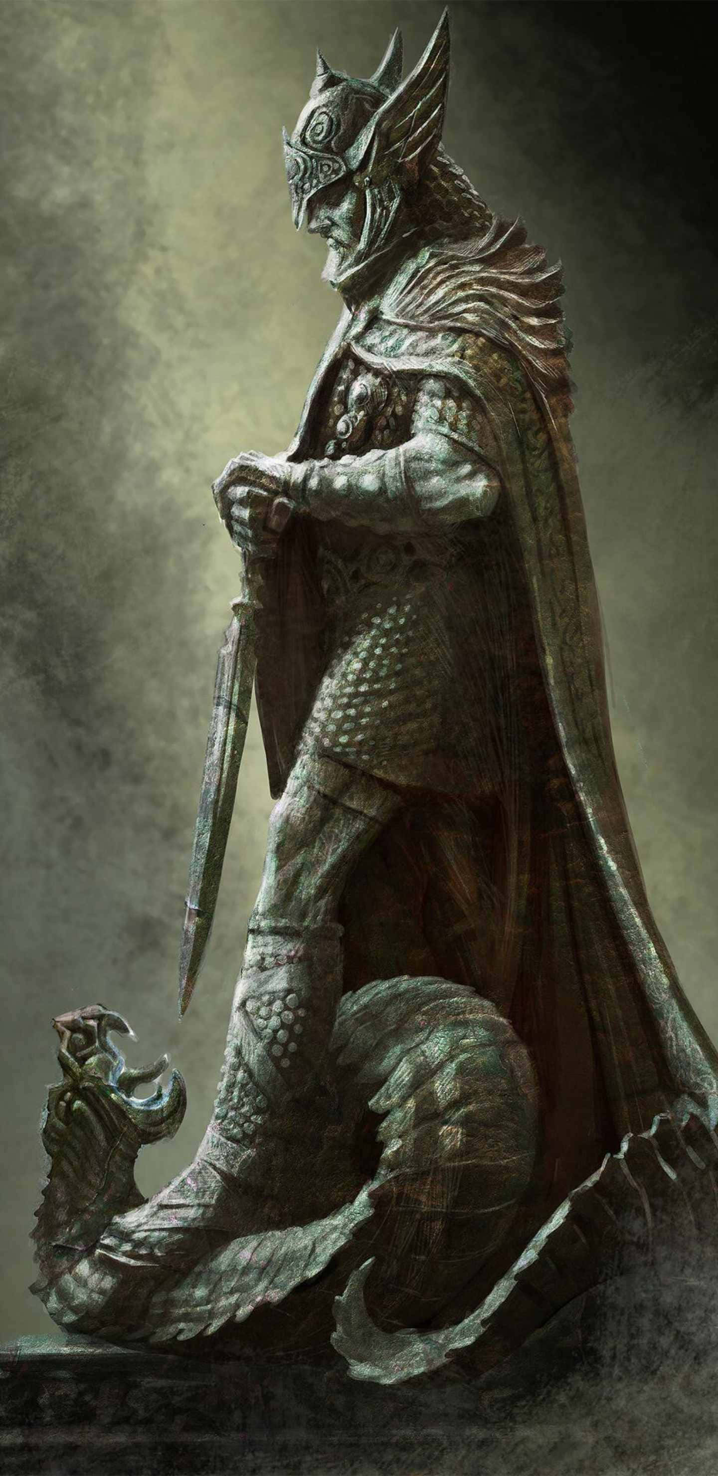 電玩遊戲 桌布 壁紙 — 一個陰沉的裝甲戰士，戴著角盔和披風，站在一條盤繞的龍上方，在昏暗、充滿氣氛的場景中手持劍。