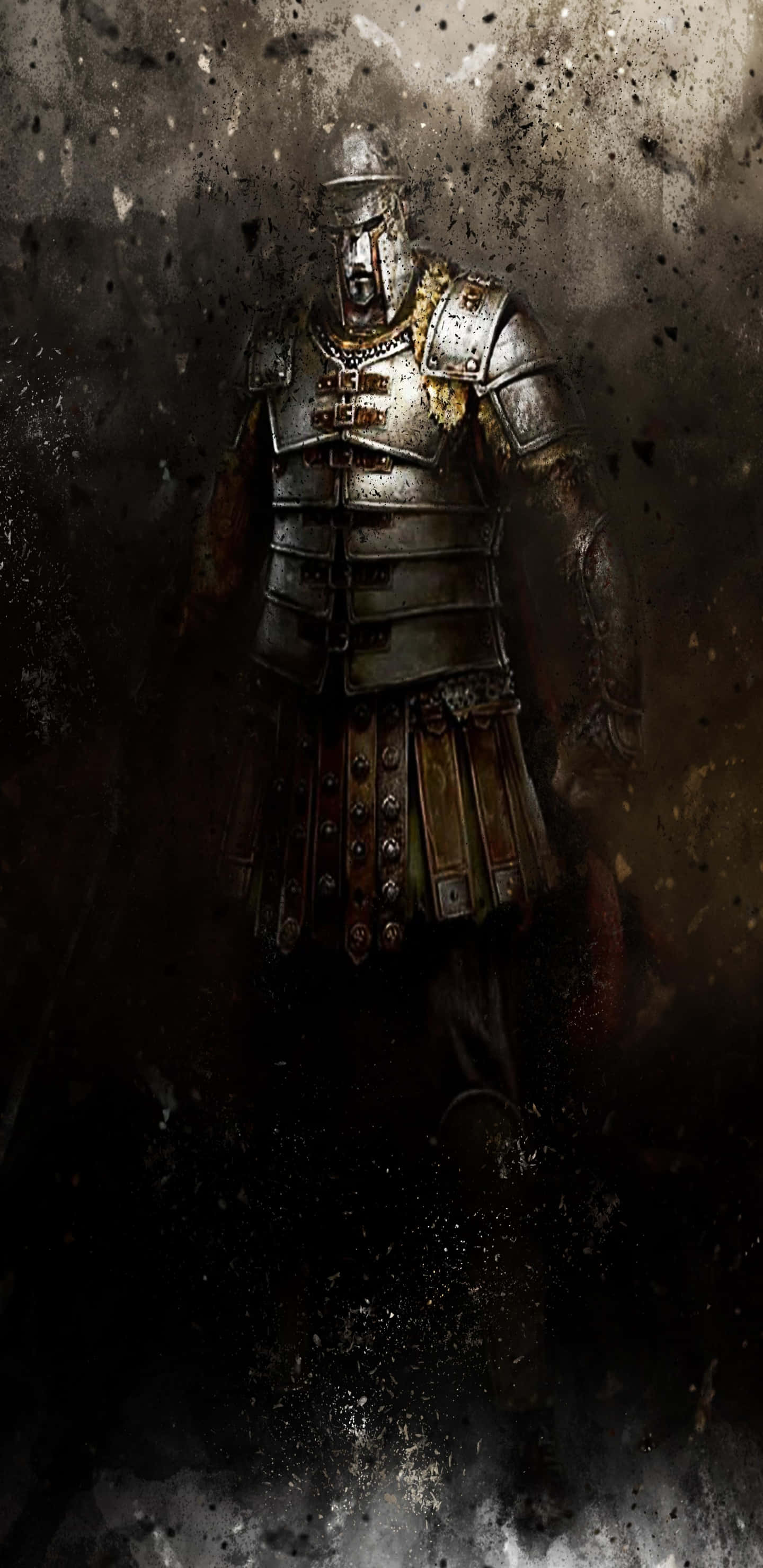 For Honor 桌布 壁紙 — 一個陰沉的裝甲戰士站在陰暗的污垢中，鏽蝕的金屬和黑煙在他威嚴的身影周圍旋轉。