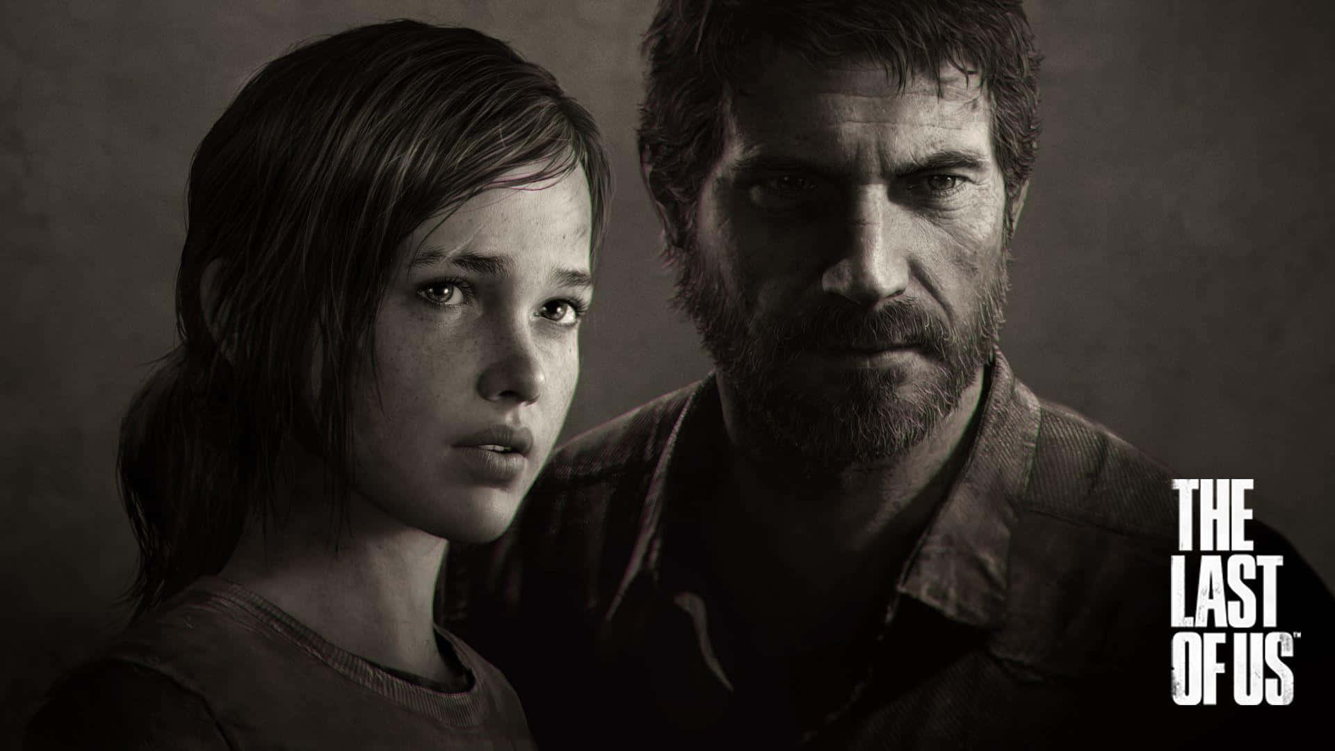 來自《The Last of Us》的緊張單色生存場景中，一位年輕女孩和一位鬍鬚男子。 — 最後生還者 GIF 壁紙