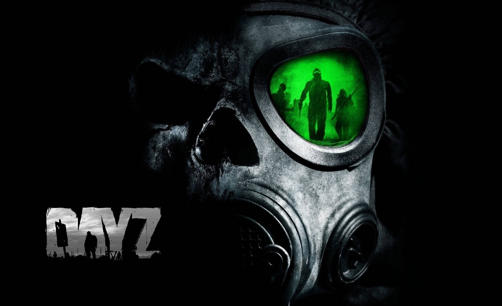 Dayz Desktop 桌布 壁紙 — 一個陰沉的防毒面具帶有發光的綠色鏡片，反射出殭屍身影，黑色背景上有「DAYZ」標誌。