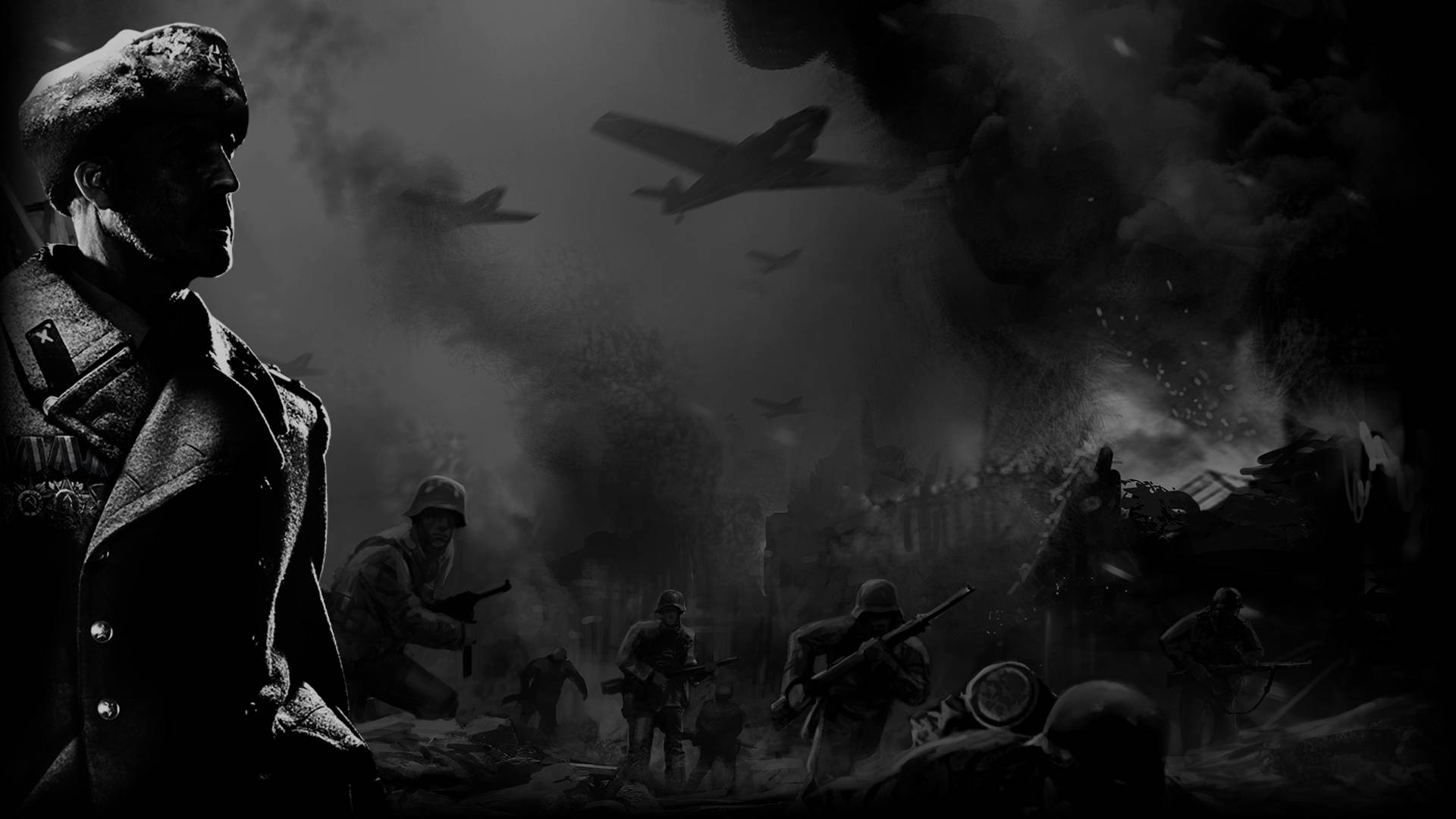 heroes 桌布 壁紙 — 一個陰沉的黑白戰場場景，士兵在煙霧中前進，飛機在頭頂飛過。
