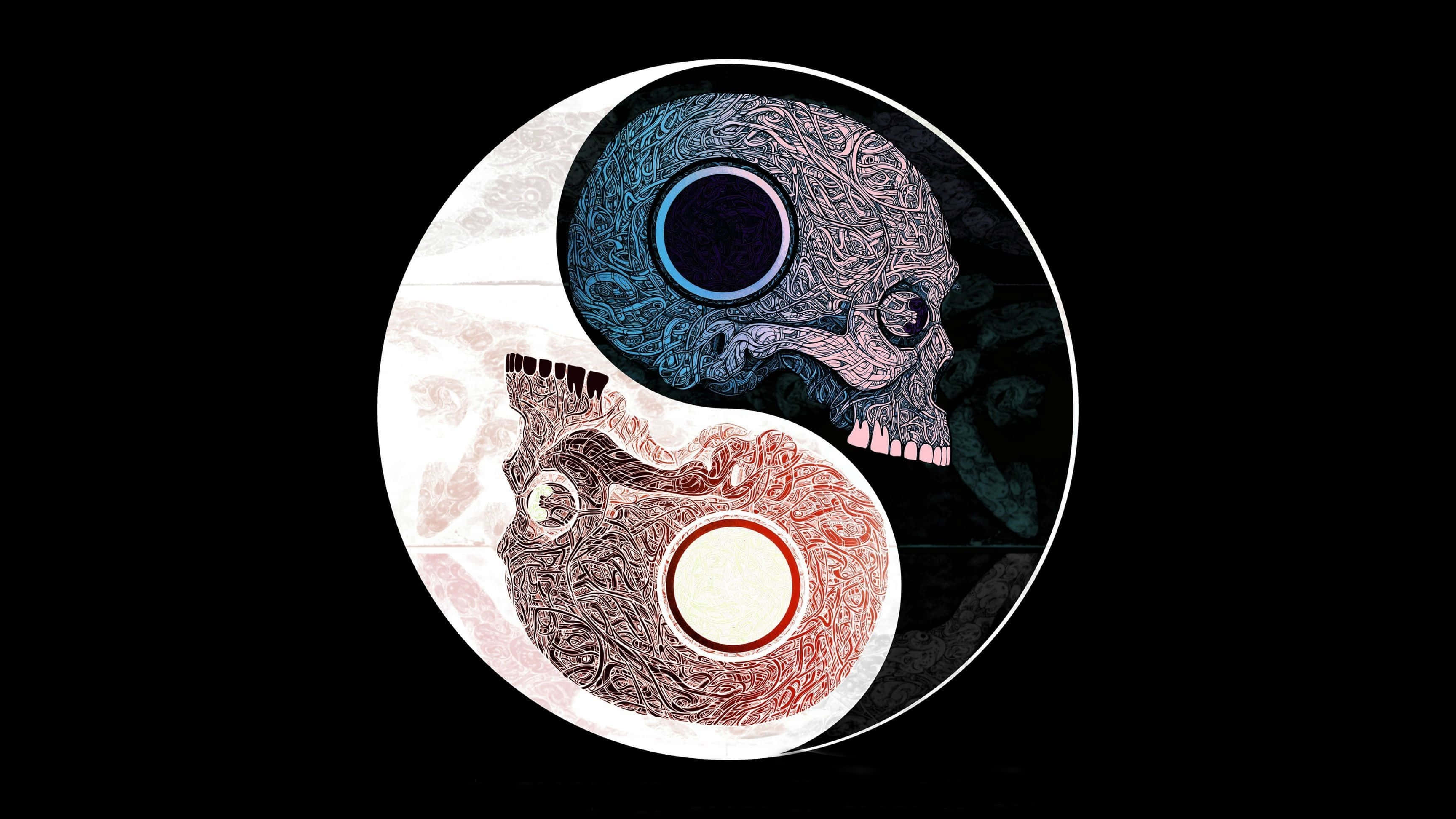 Yin Yang 4K 桌布 壁紙 — 一個陰陽符號，帶有藍色和紅色複雜圖案的骷髏，背景為黑色。