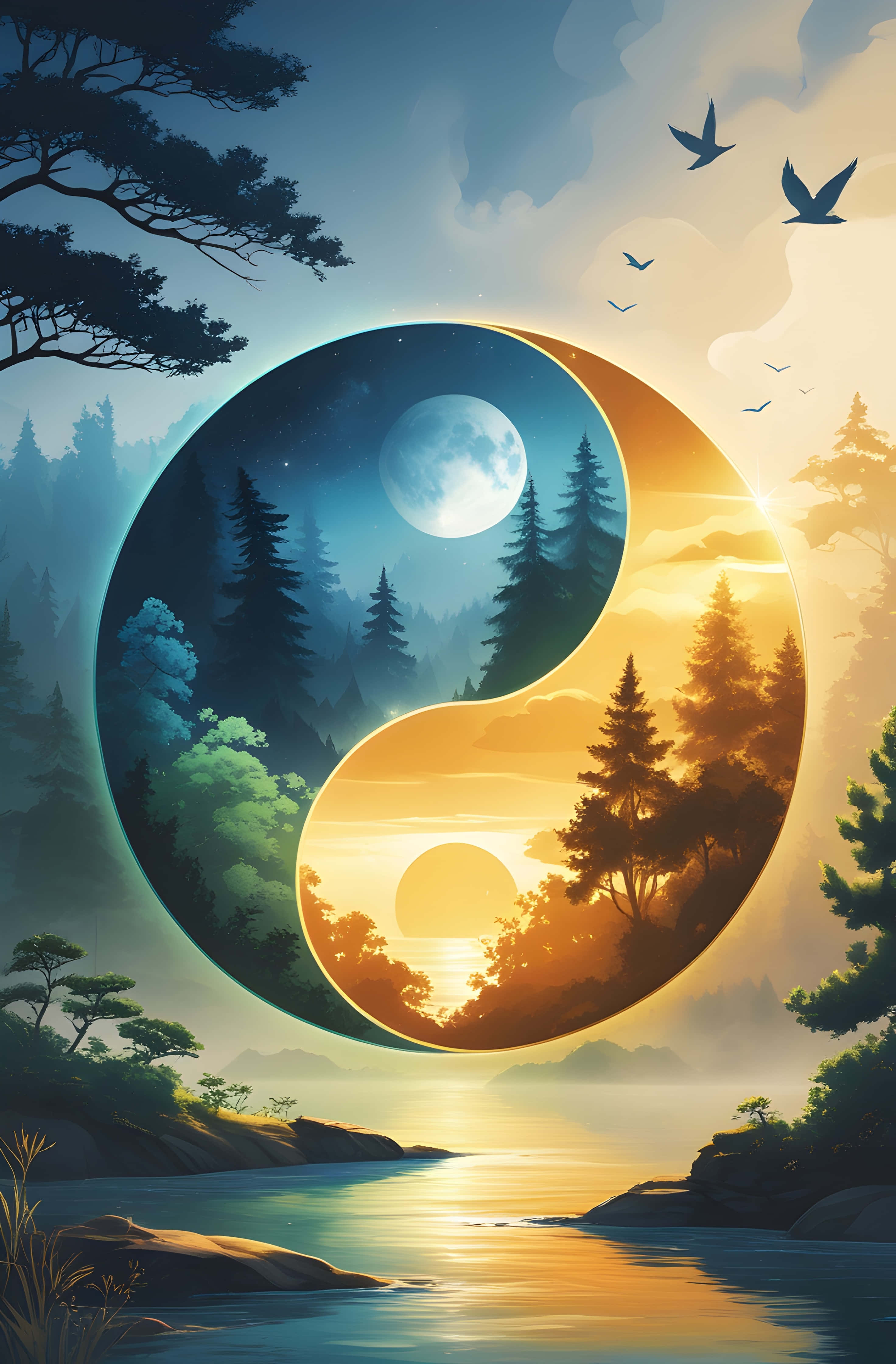 Flying Birds 桌布 壁紙 — 一個陰陽符號分為夜晚有月亮和森林，以及白天有太陽和樹木，河流上有鳥兒飛翔。