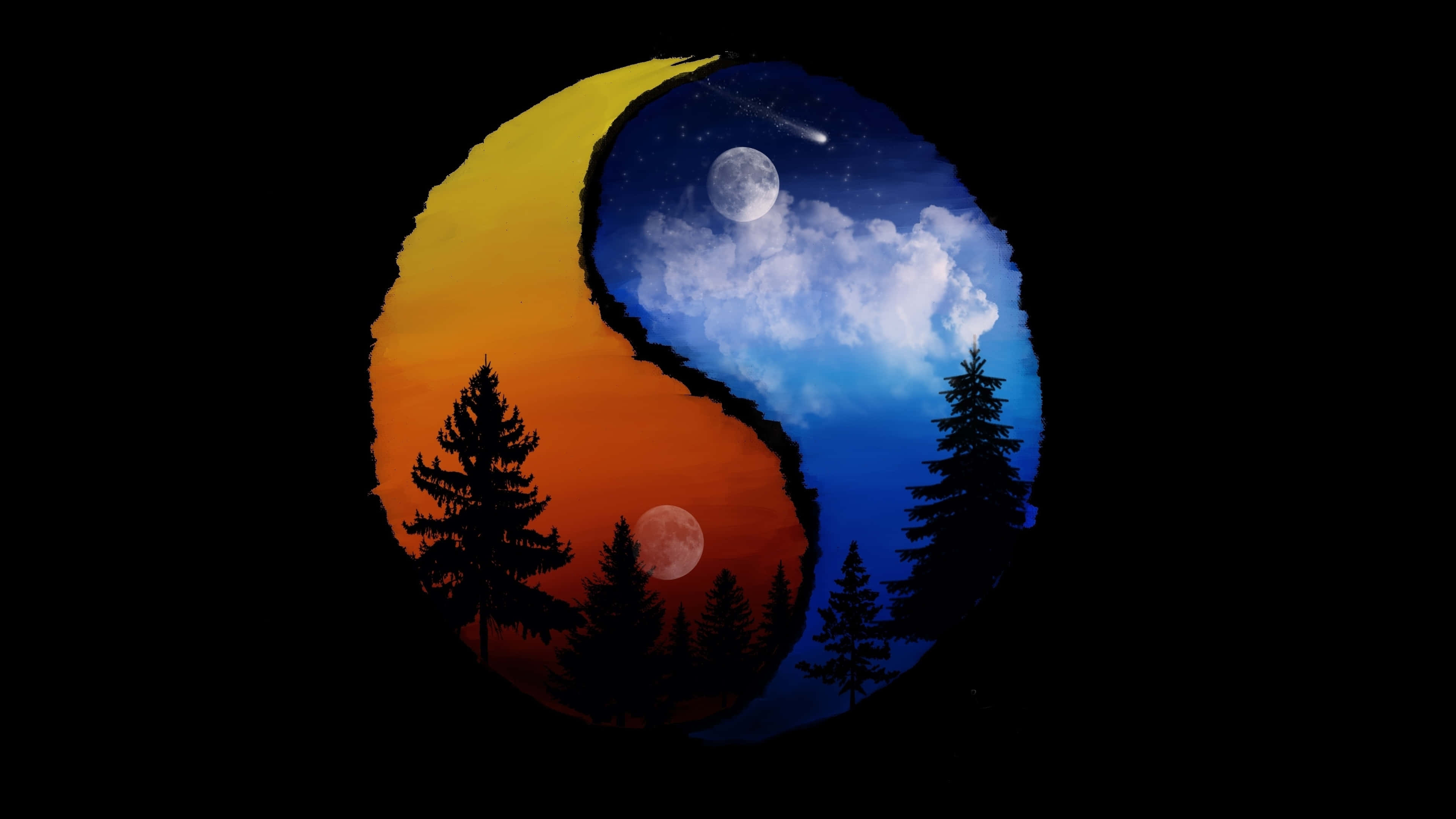夜空 桌布 壁紙 — 一個陰陽符號分為日落和星空場景，有松樹和月亮。