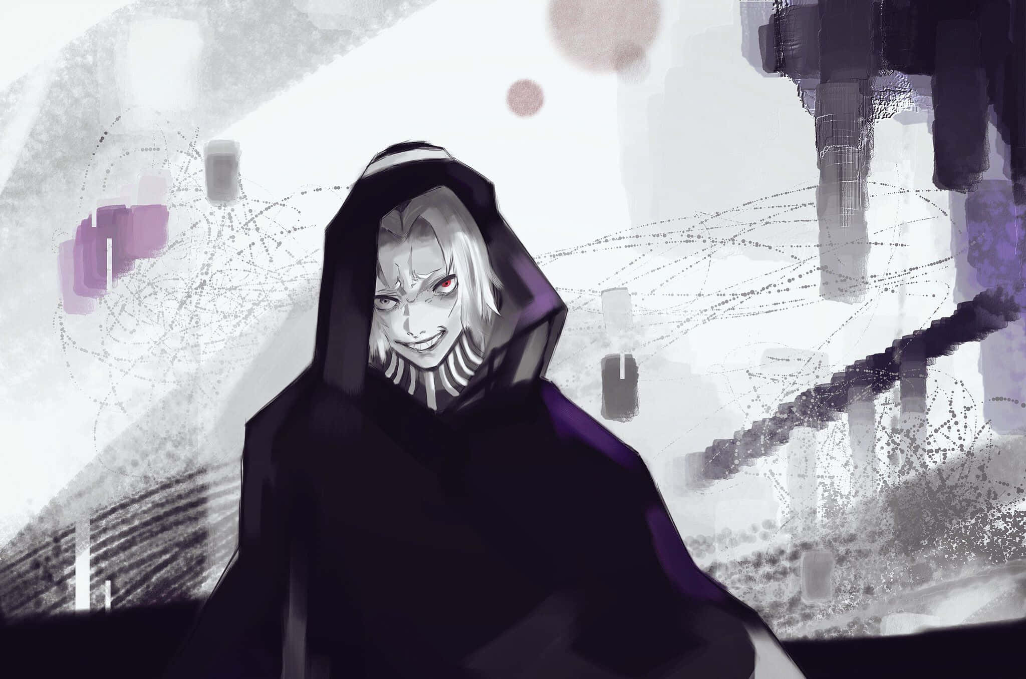Seidou Takizawa 桌布 壁紙 — 一個陰險的動漫角色穿著深色連帽斗篷，在帶有紫色點綴的故障抽象背景前露出威脅性的微笑。