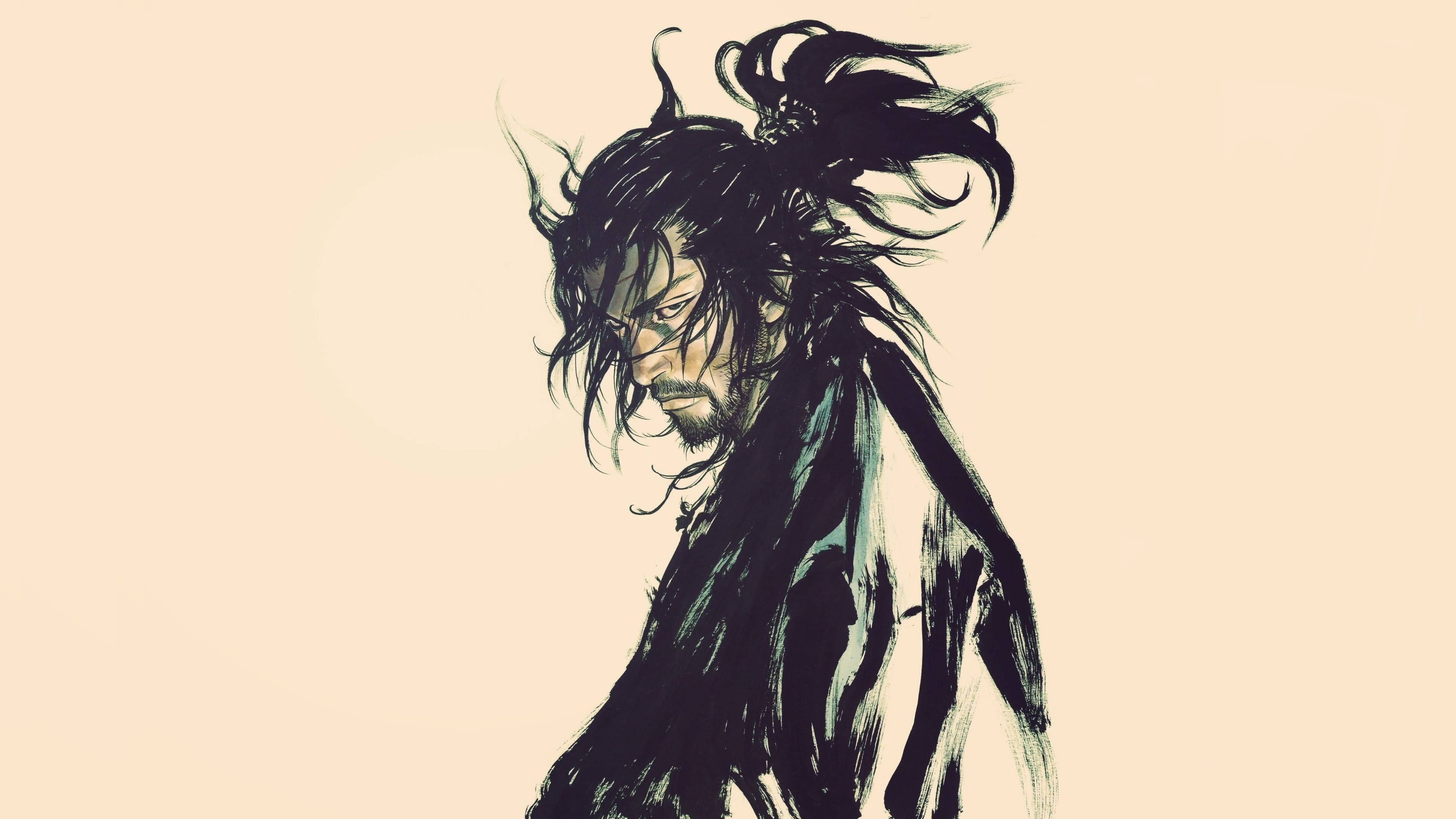 桌布 壁紙 — 一個陰鬱的動漫戰士，有著狂野的黑髮和鬍鬚，在柔和的米色背景下向下凝視。