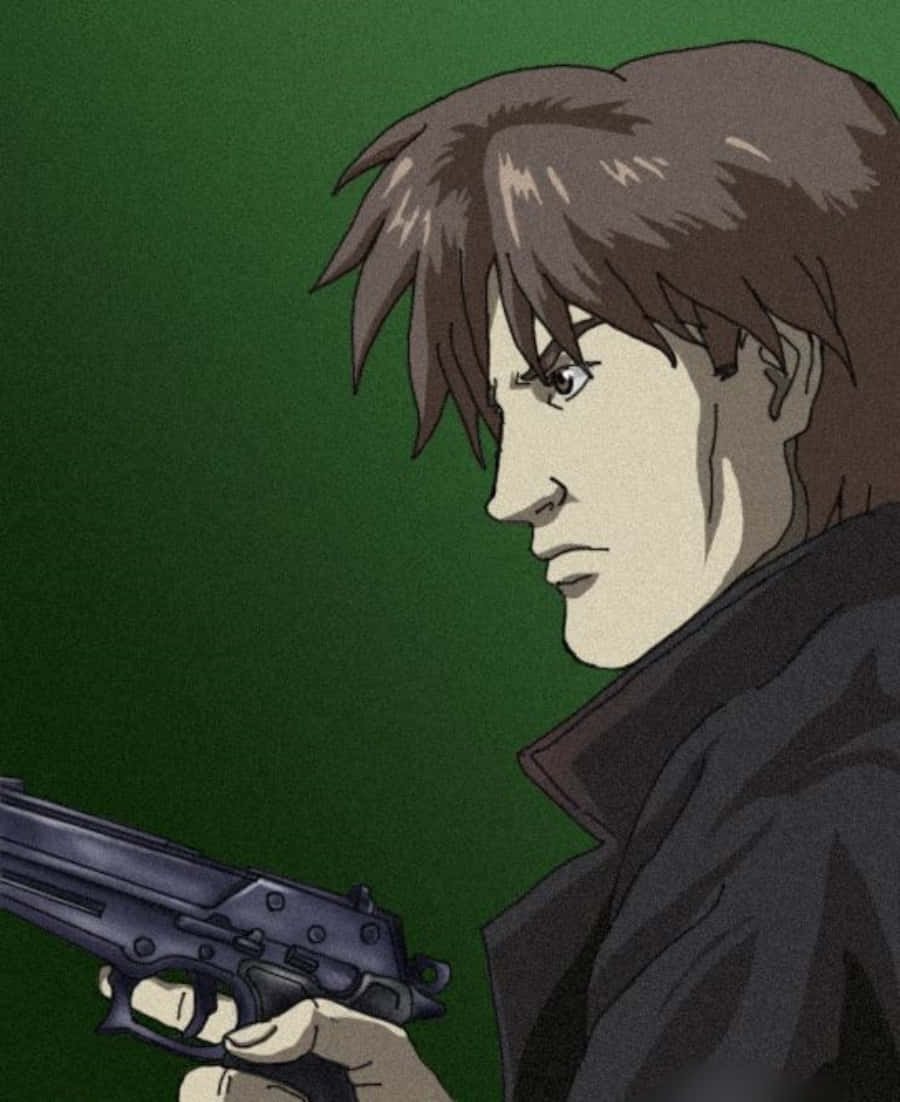 Ghost In The Shell Togusa 桌布 壁紙 — 一個陰鬱的動漫男人，棕色頭髮，在緊張的側面視圖中，手持手槍，背景為純綠色。