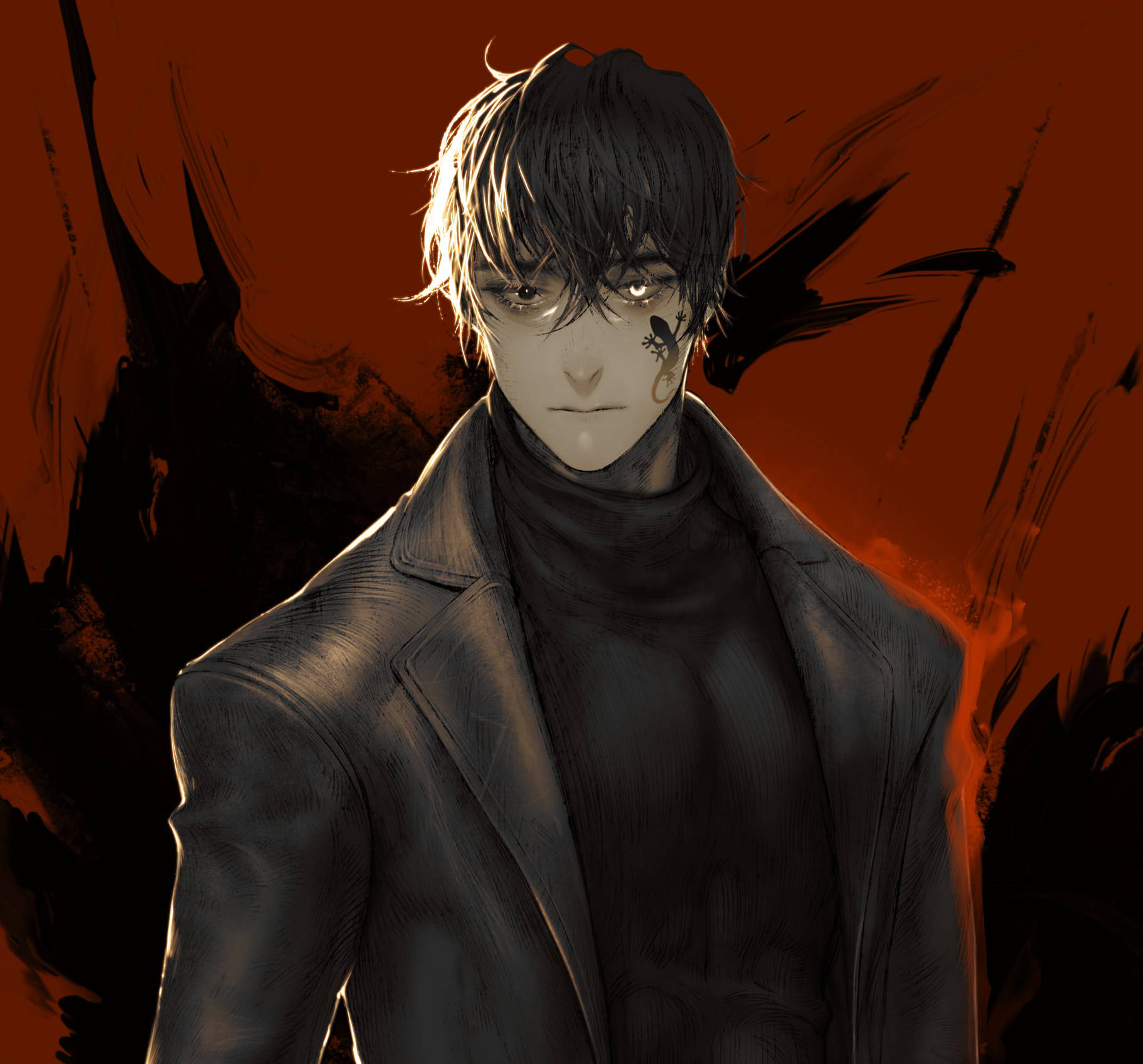 icon 桌布 壁紙 — 一個陰鬱的動漫男人，黑髮，穿著皮夾克，站在火熱的橙色和黑色背景前。