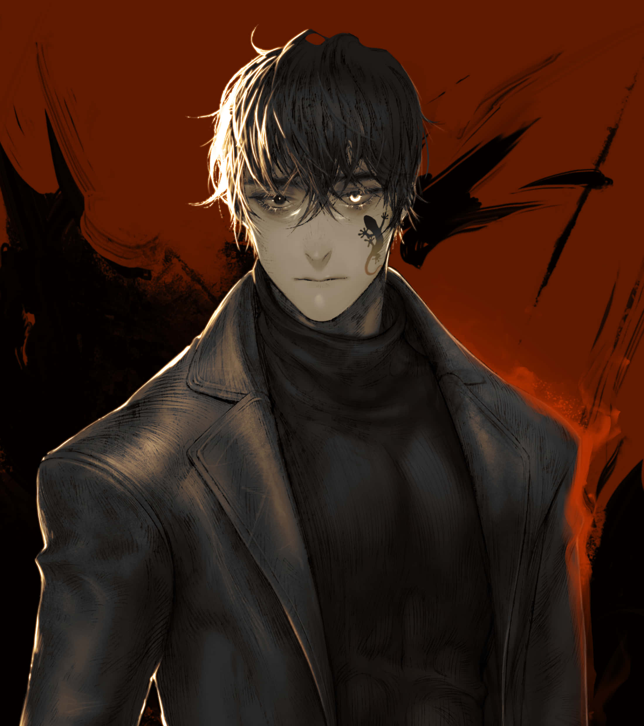 憂鬱動漫男孩 桌布 壁紙 — 一個陰鬱的動漫男人，黑髮帶有疤痕，在帶有黑色翅膀狀筆觸的火橙色背景前凝視前方。
