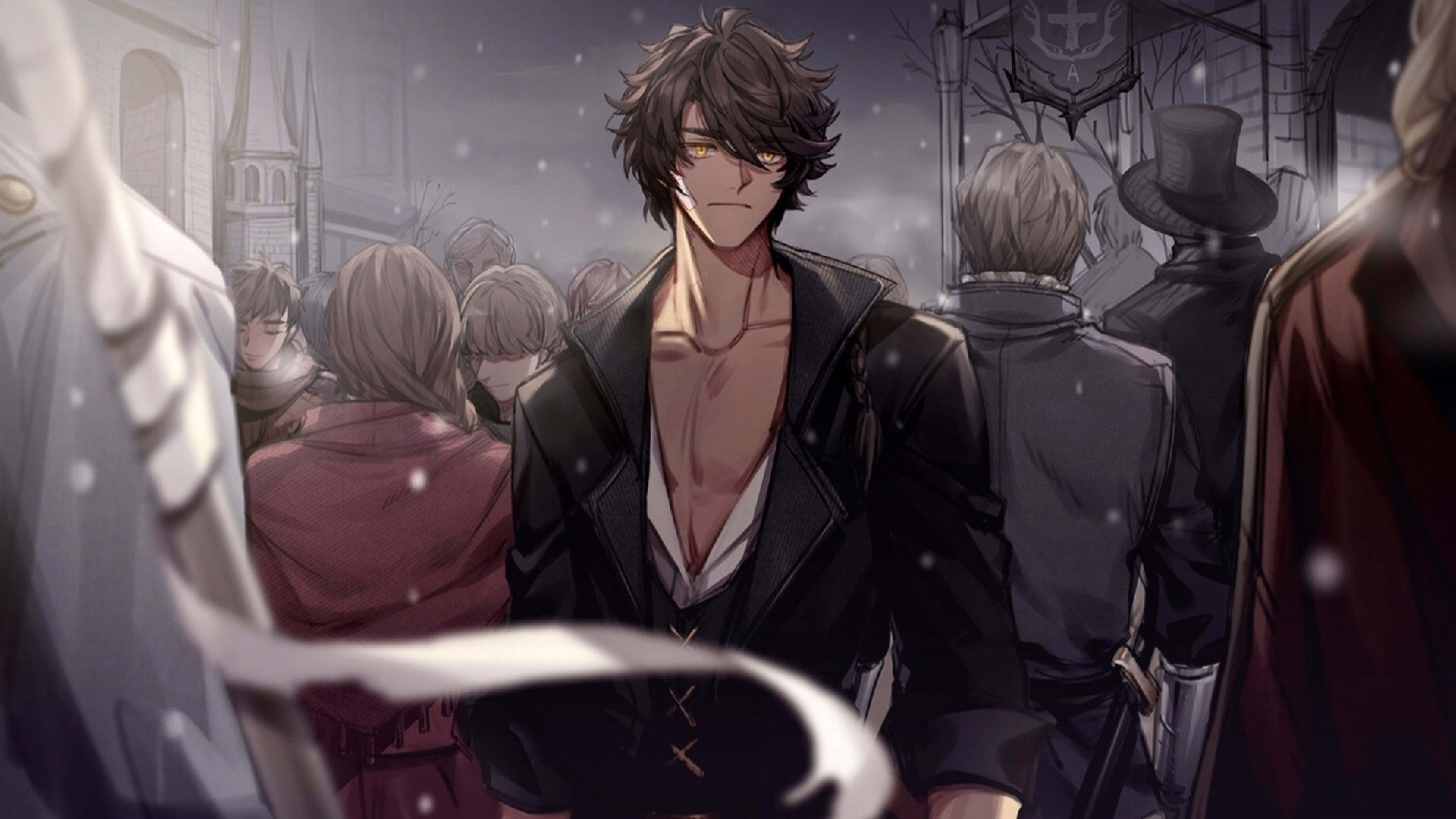 動漫男孩 桌布 壁紙 — 一個陰鬱的動漫男人，黑髮金眼，站在雪中的哥德式街道上，周圍都是人。