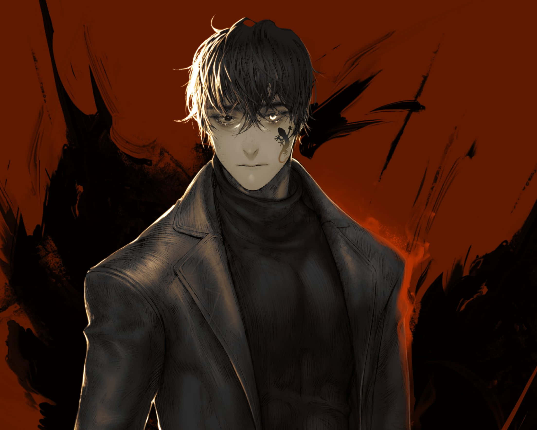 2208x1768 桌布 壁紙 — 一個陰鬱的動漫男人穿著深色外套，站在火熱的橙色和黑色抽象背景前，帶有戲劇性的燈光。