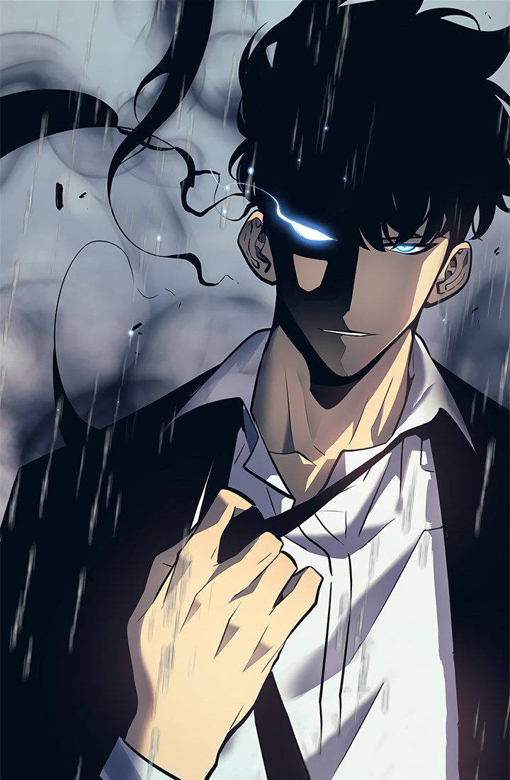 我獨自升級 桌布 壁紙 — 一個陰鬱的動漫男子，擁有發光的藍色眼睛，在黑暗暴風雨的場景中調整領帶，雨水順流而下。