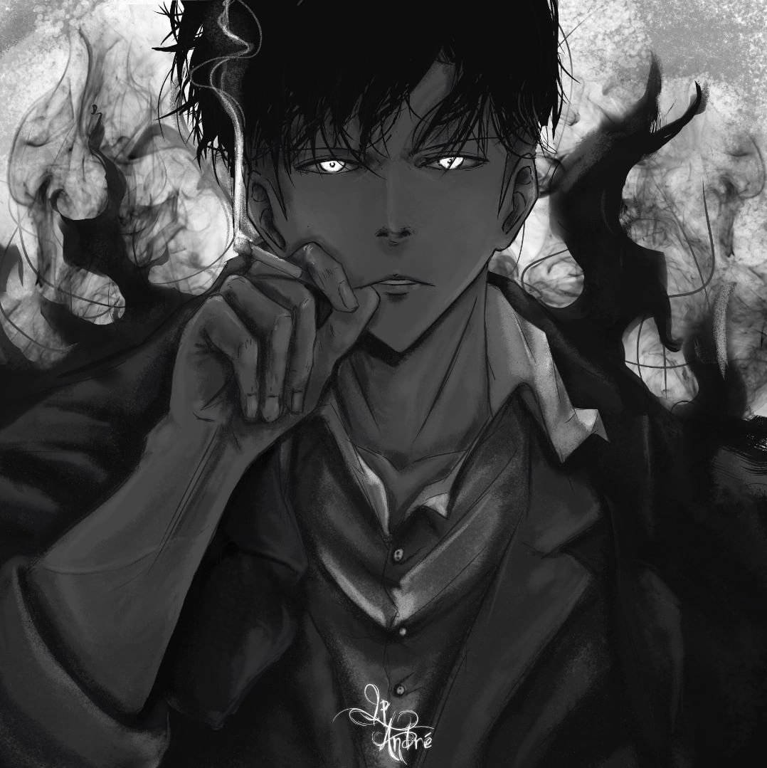 Jin 桌布 壁紙 — 一個陰鬱的動漫男子，雙眼發光，抽著煙，黑煙在他銳利的目光周圍旋轉。