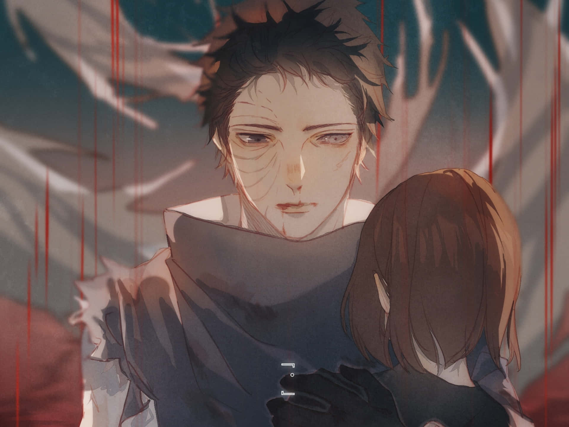 Rin Nohara 桌布 壁紙 — 一個陰鬱的動漫男子帶著血痕抱著一個孩子，幽靈般的手穿過雨水伸來。