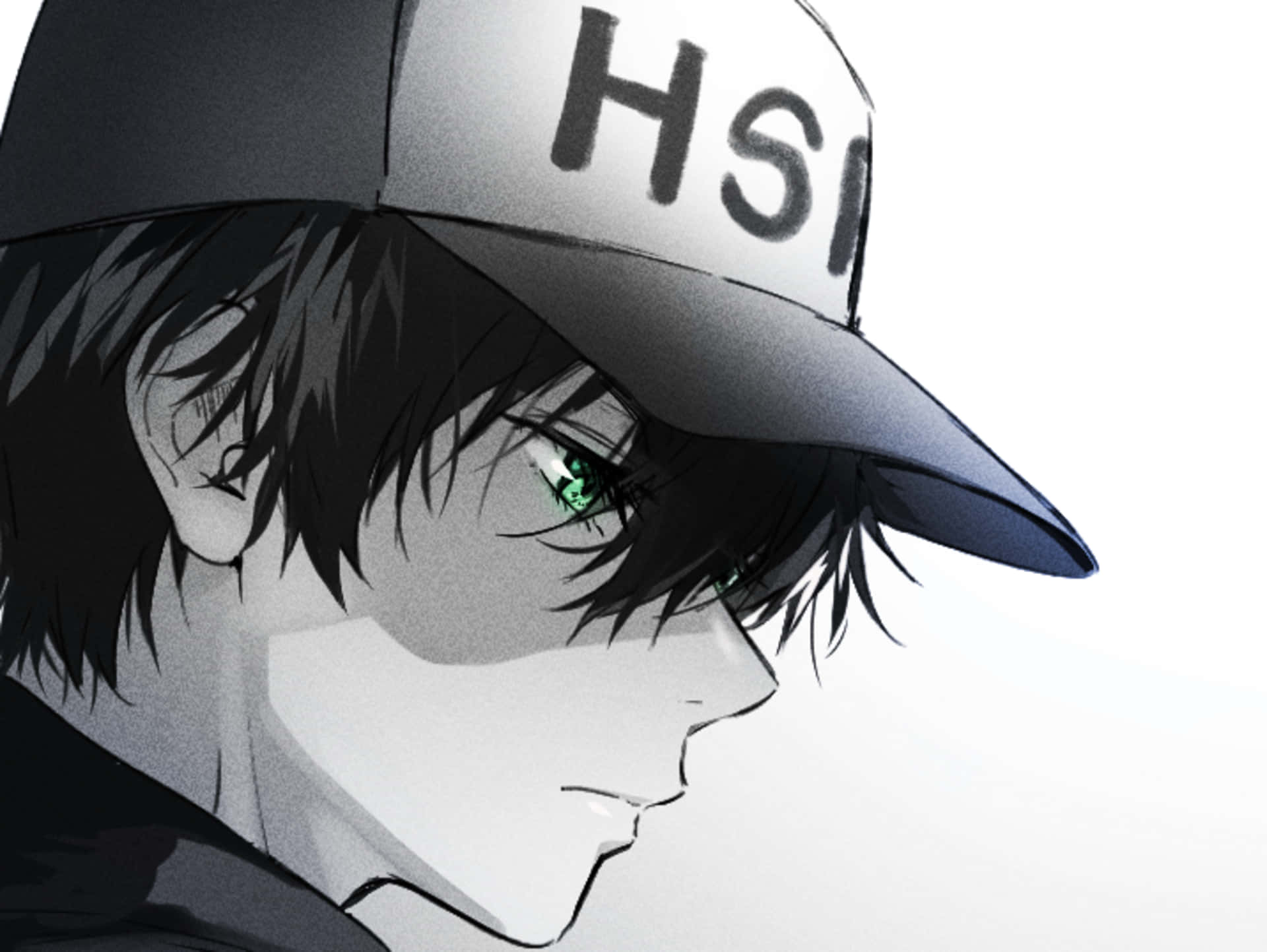動漫男孩 桌布 壁紙 — 一個陰鬱的動漫男孩，黑髮，發光的綠色眼睛，戴著一頂印有「HSI」的帽子，背景是純白色。