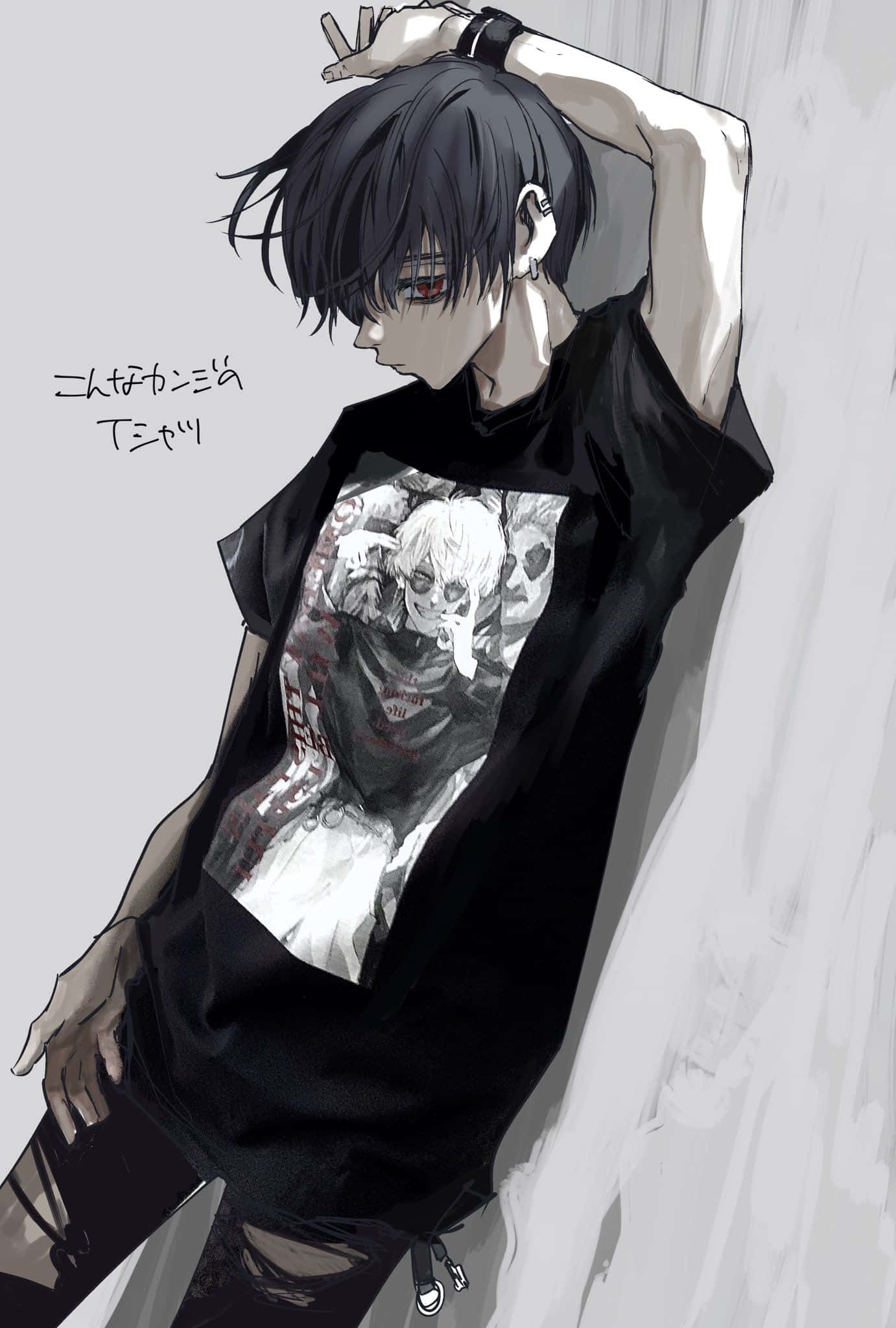 Emo Anime Boy 桌布 壁紙 — 一個陰鬱的動漫男孩，黑髮紅眼，穿著圖案T恤靠在牆上。