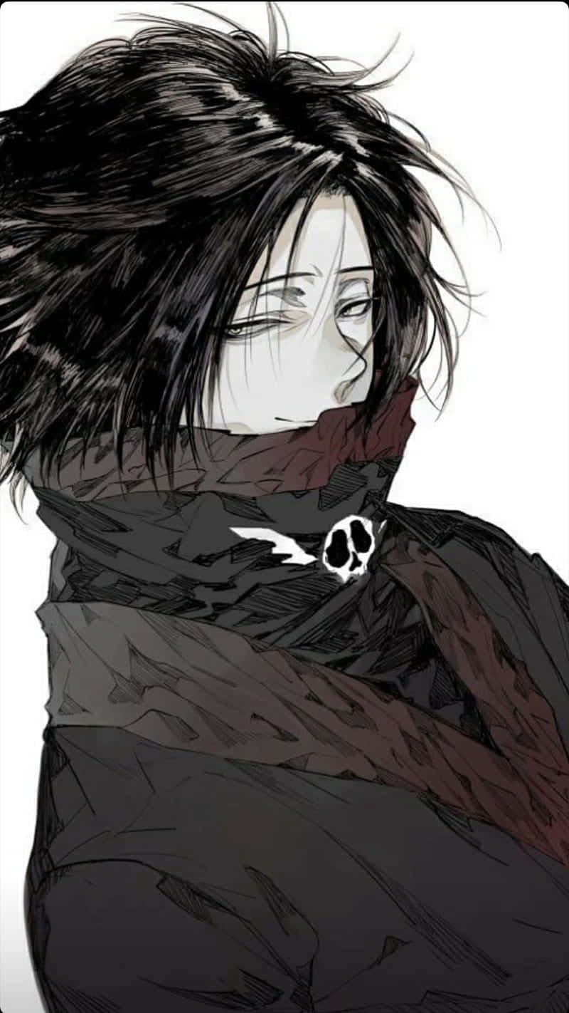 Feitan 桌布 壁紙 — 一個陰鬱的動漫角色，有著凌亂的黑髮和一條帶有骷髏標誌的深色圍巾，在純白背景下側目而視。