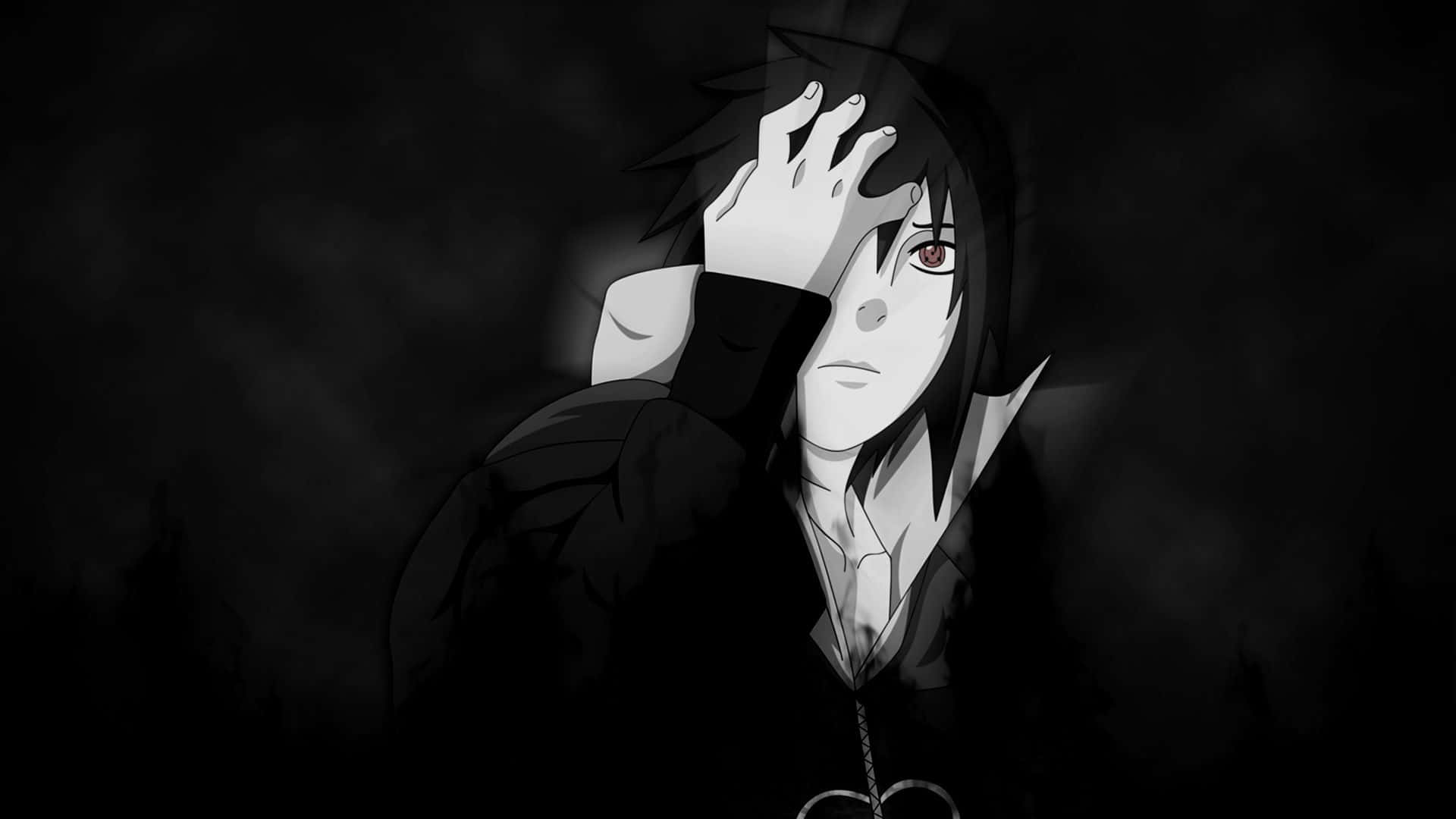 Naruto Black 桌布 壁紙 — 一個陰鬱的動漫角色，紅眼黑髮，在黑暗煙霧背景中舉起一隻手。