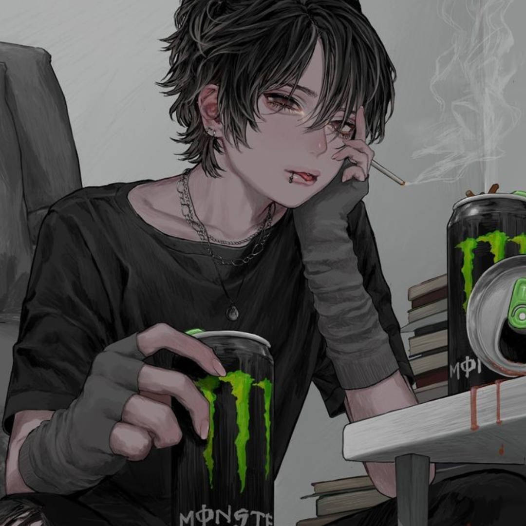 藝術 桌布 壁紙 — 一個陰鬱的動漫青少年，深色頭髮，一邊抽煙，一邊拿著一罐Monster能量飲料，旁邊有一堆書。