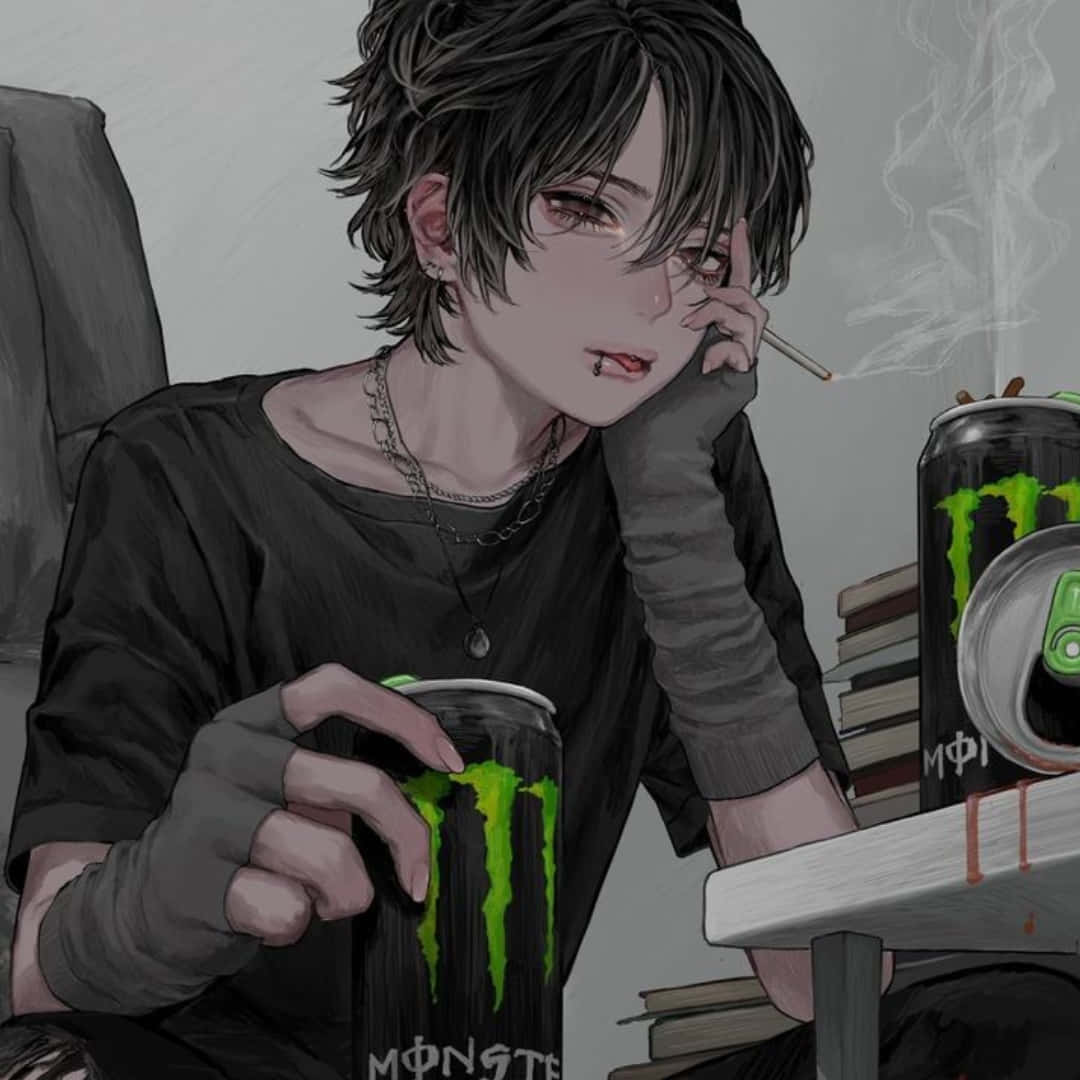 可愛動漫頭貼 桌布 壁紙 — 一個陰鬱的動漫青少年，深色頭髮，抽著煙，同時拿著一罐Monster能量飲料。