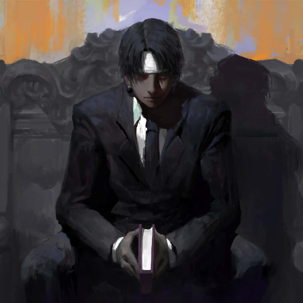 獵人 x 獵人 桌布 壁紙 — 一個陰鬱的動漫風格男子，身穿深色西裝，坐在華麗的王座上，在溫暖的橙色和紫色燈光下拿著一本書。