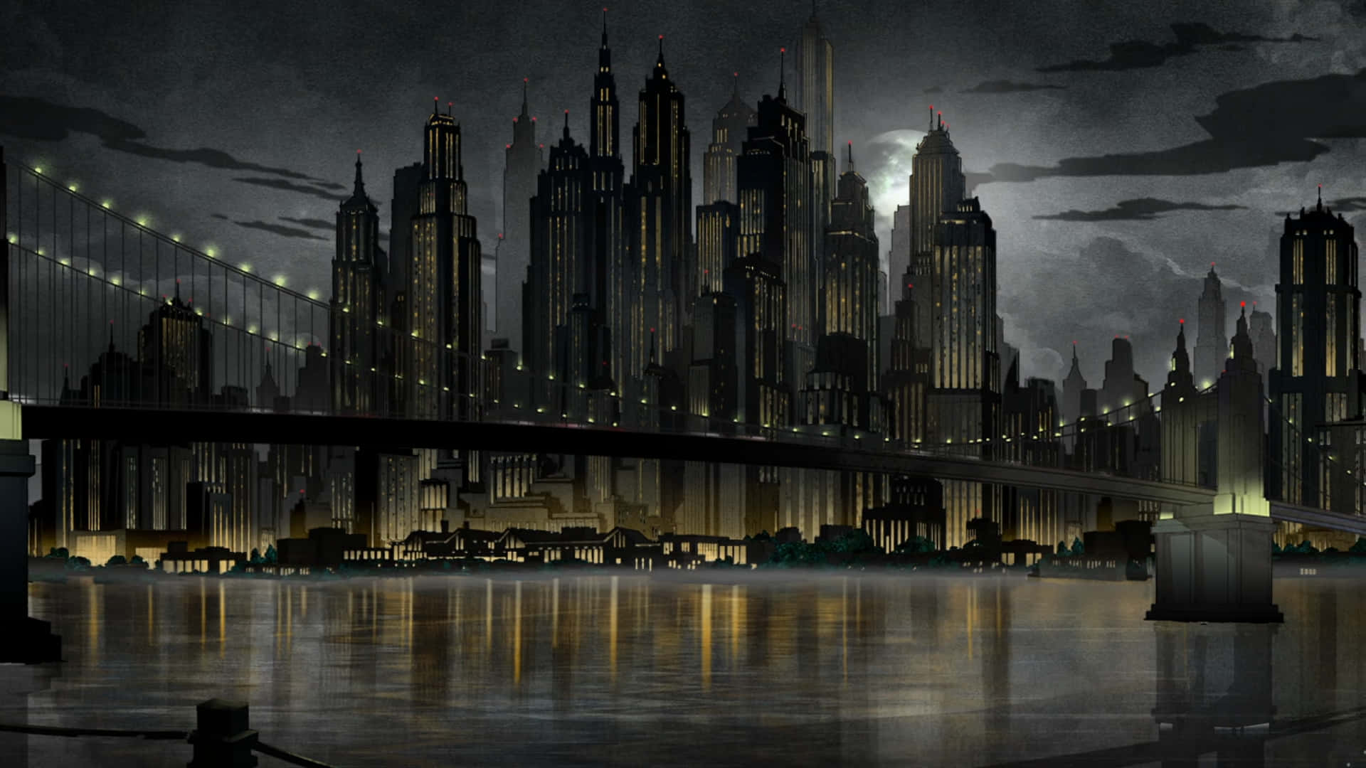 Gotham City 桌布 壁紙 — 一個陰鬱的動畫城市夜景，高聳的摩天大樓和一座橋樑在陰天天空下將金色燈光反射在水面上。