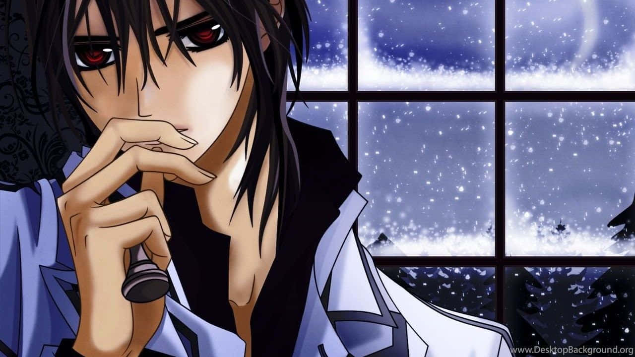 Emo Anime Boy 桌布 壁紙 — 一個陰鬱的動畫男性，紅眼睛黑頭髮，夜晚在雪窗前拿著麥克風。