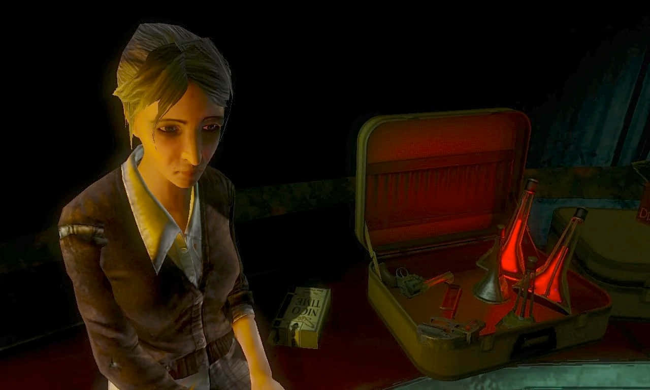 Bioshock Characters 桌布 壁紙 — 一個陰鬱的女人在昏暗的房間裡凝視著一個打開的行李箱，裡面有玻璃瓶裝著發光的紅色液體。