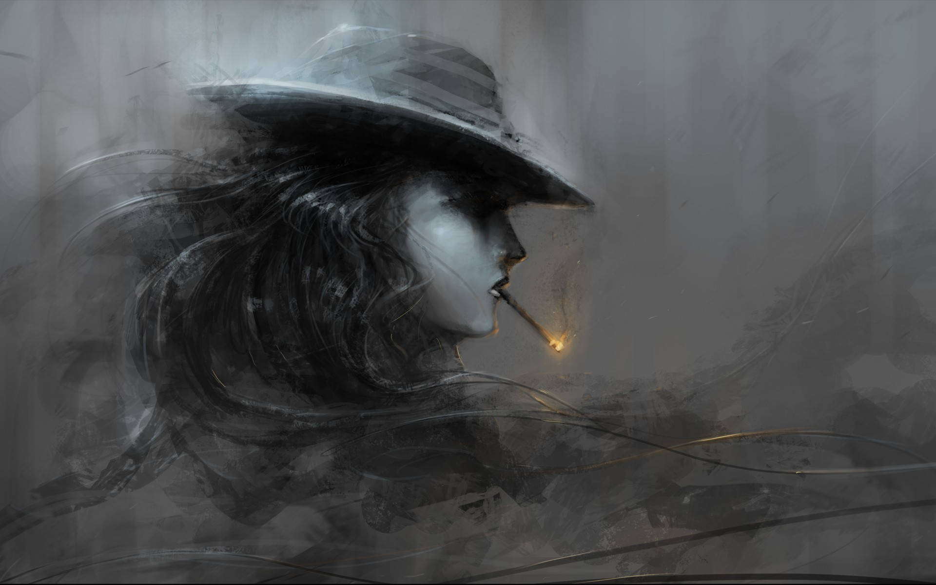 黑色藝術 桌布 壁紙 — 一個陰鬱的數位肖像，描繪一位戴著寬邊帽子的女性，在煙霧繚繞的灰色背景下抽著一支帶有發光菸頭的香煙。