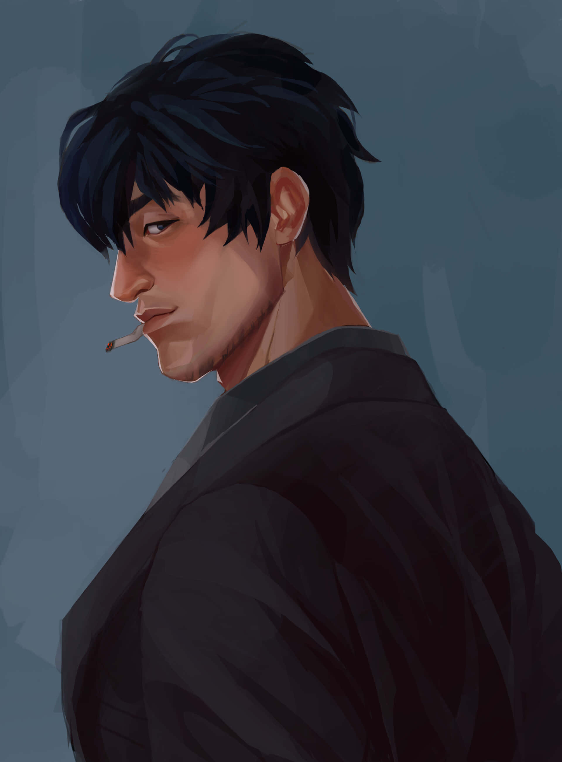Nicholas D Wolfwood 桌布 壁紙 — 一個陰鬱的數位肖像，描繪一位深色頭髮的年輕男子嘴裡叼著香煙，側面輪廓映襯在柔和的藍灰色背景上。