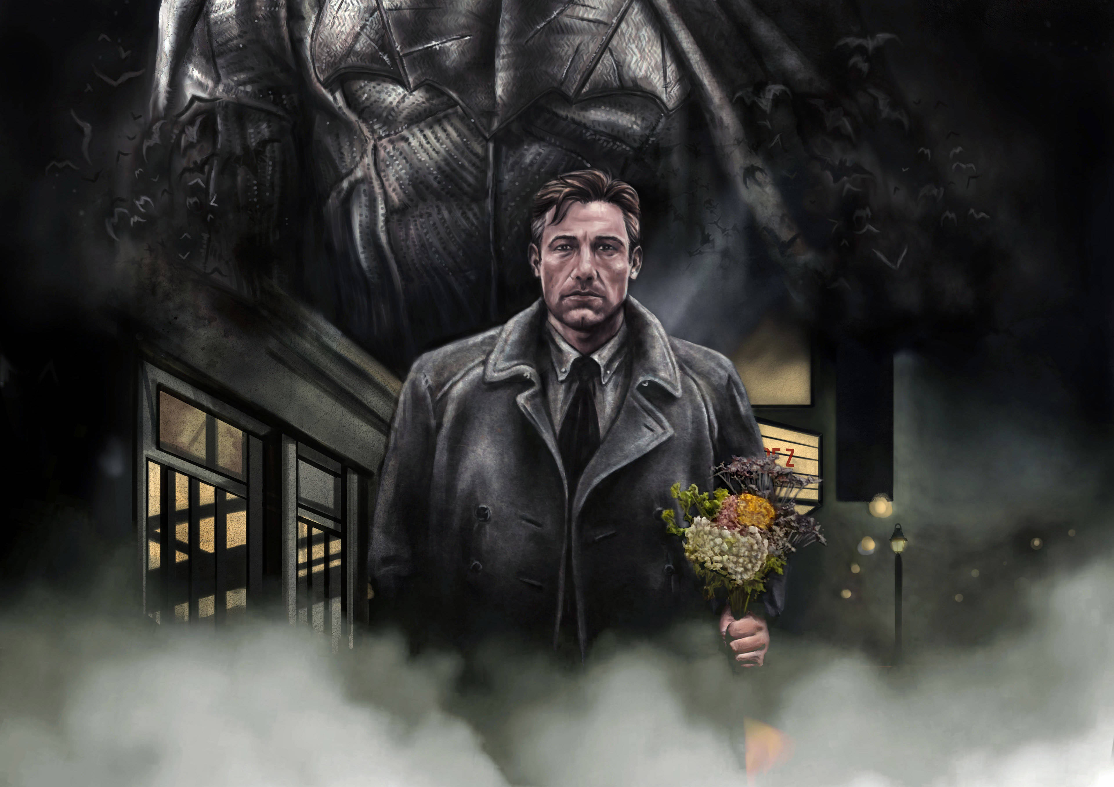 Ben Affleck 桌布 壁紙 — 一個陰鬱的男人穿著風衣，在霧氣瀰漫的城市夜景中，手持鮮花，站在一個像蝙蝠般的身影下方。