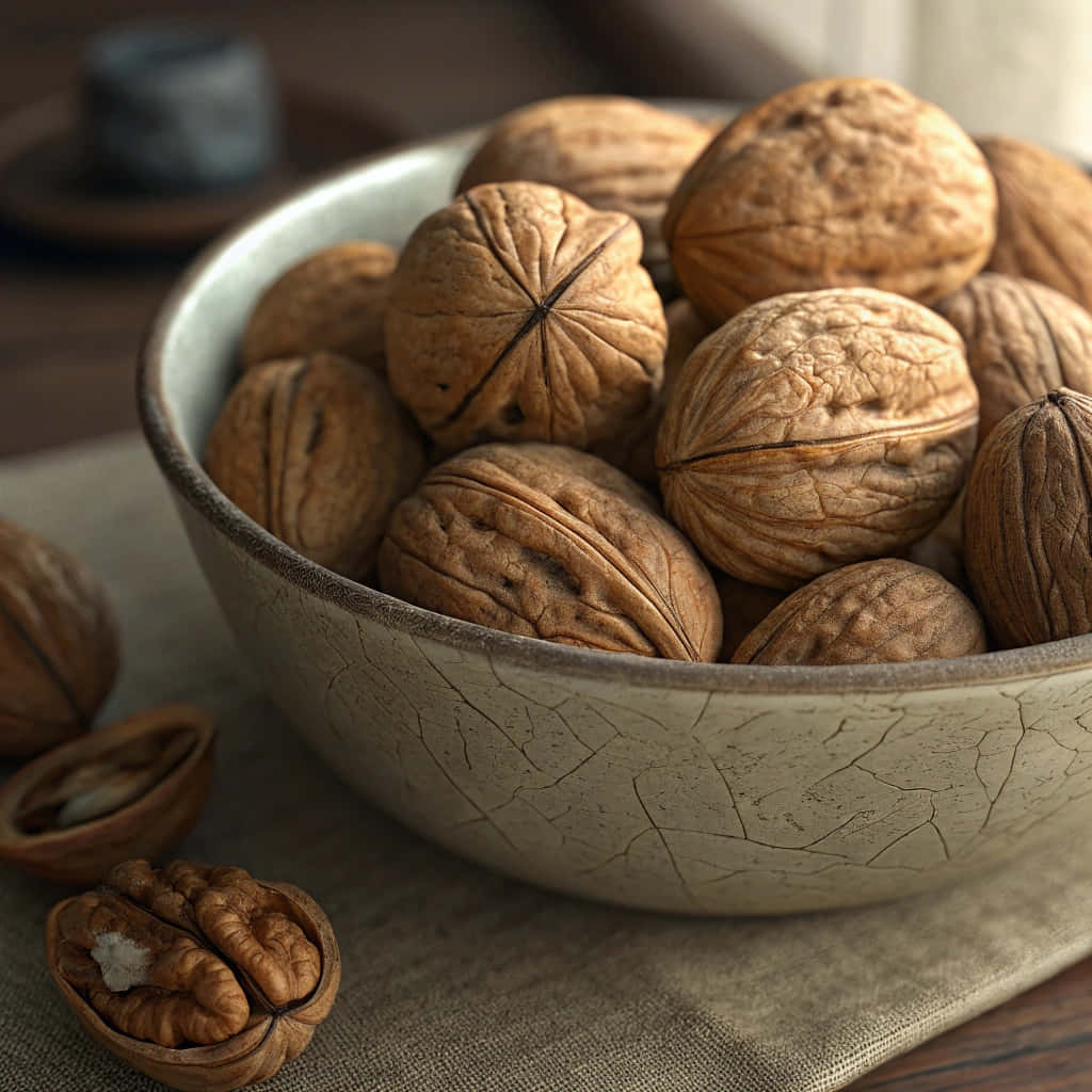 Bowl of whole and cracked walnuts on a rustic surface 壁紙 — 一個陶瓷碗裝滿了有紋理的棕色核桃，放在亞麻布上，其中一個裂開露出內部的果仁。
