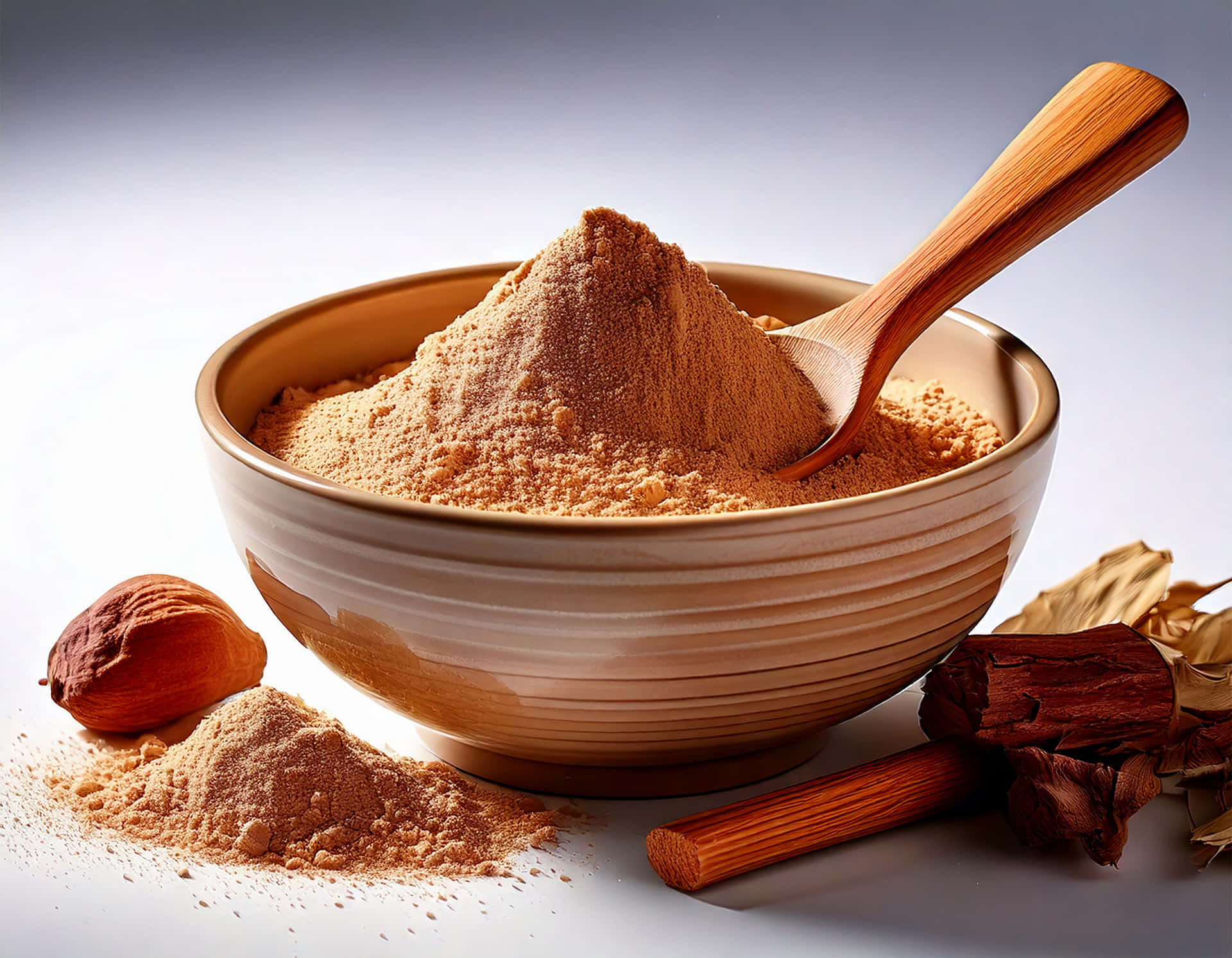 Sandalwood 壁紙 — 一個陶瓷碗裝滿淺棕色杏仁粉，裡面放著一個木勺，周圍是整顆杏仁和肉桂棒。