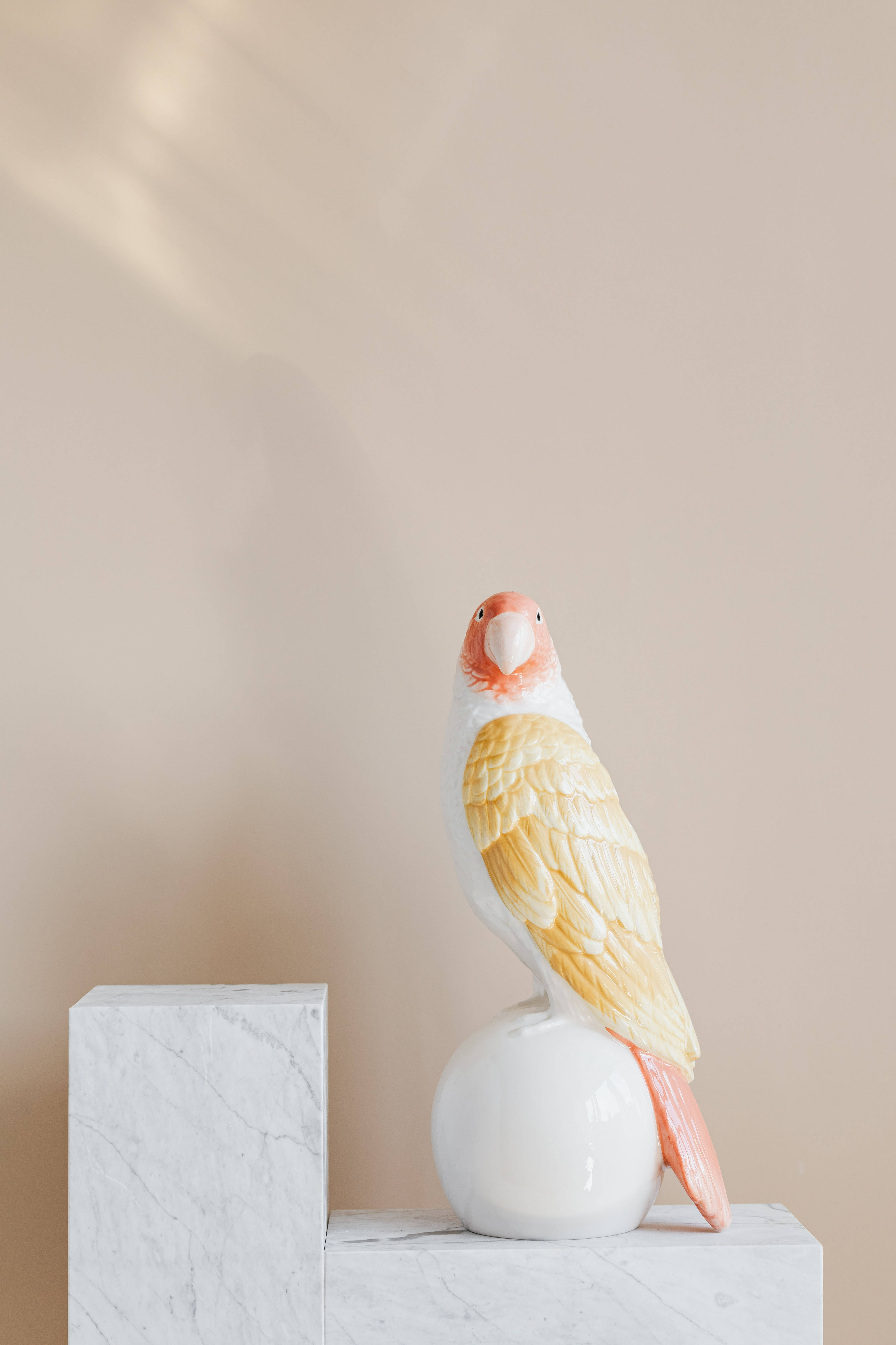 Sculpture 桌布 壁紙 — 一個陶瓷鸚鵡雕像，帶有蜜桃色和奶油色的羽毛，優雅地棲息在白色大理石底座上，背景是柔和的米色牆壁。