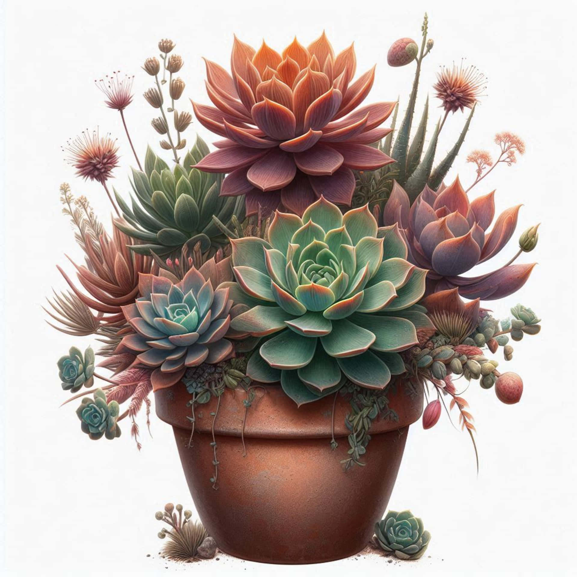 Floral arrangement succulents rustic vase 壁紙 — 一個陶盆溢出充滿活力的多肉植物，顏色有綠色、橙色和紫色，背景是純白色。
