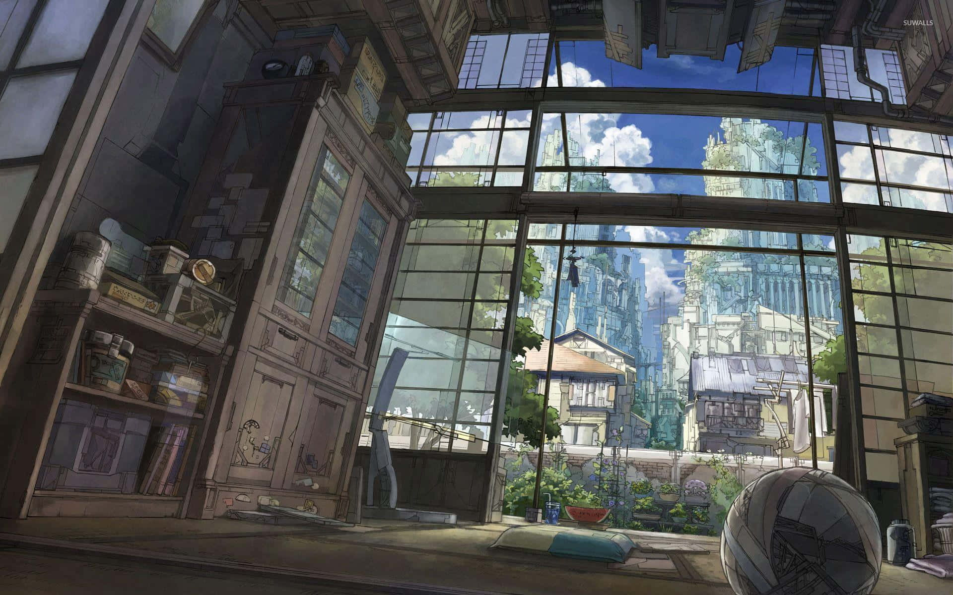 Anime Living Room 桌布 壁紙 — 一個陽光充足的房間，擺放著復古家具，透過巨大的玻璃窗可以俯瞰充滿活力的未來城市景觀。