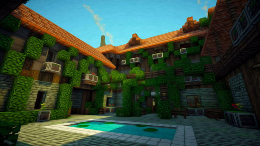 Brick 桌布 壁紙 — 一個陽光明媚的Minecraft庭院，有常春藤覆蓋的石頭建築和中央水池，在晴朗的藍天下。
