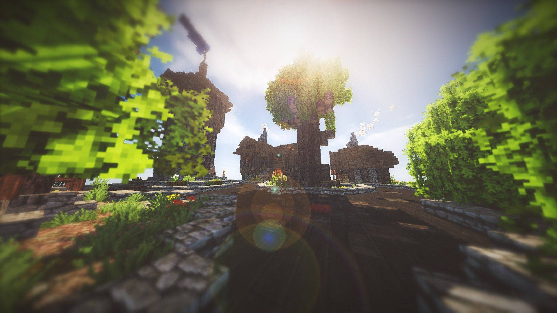 Minecraft Aesthetic 桌布 壁紙 — 一個陽光明媚的Minecraft村莊，有像素化樹木和木屋，天空明亮並帶有鏡頭光暈。