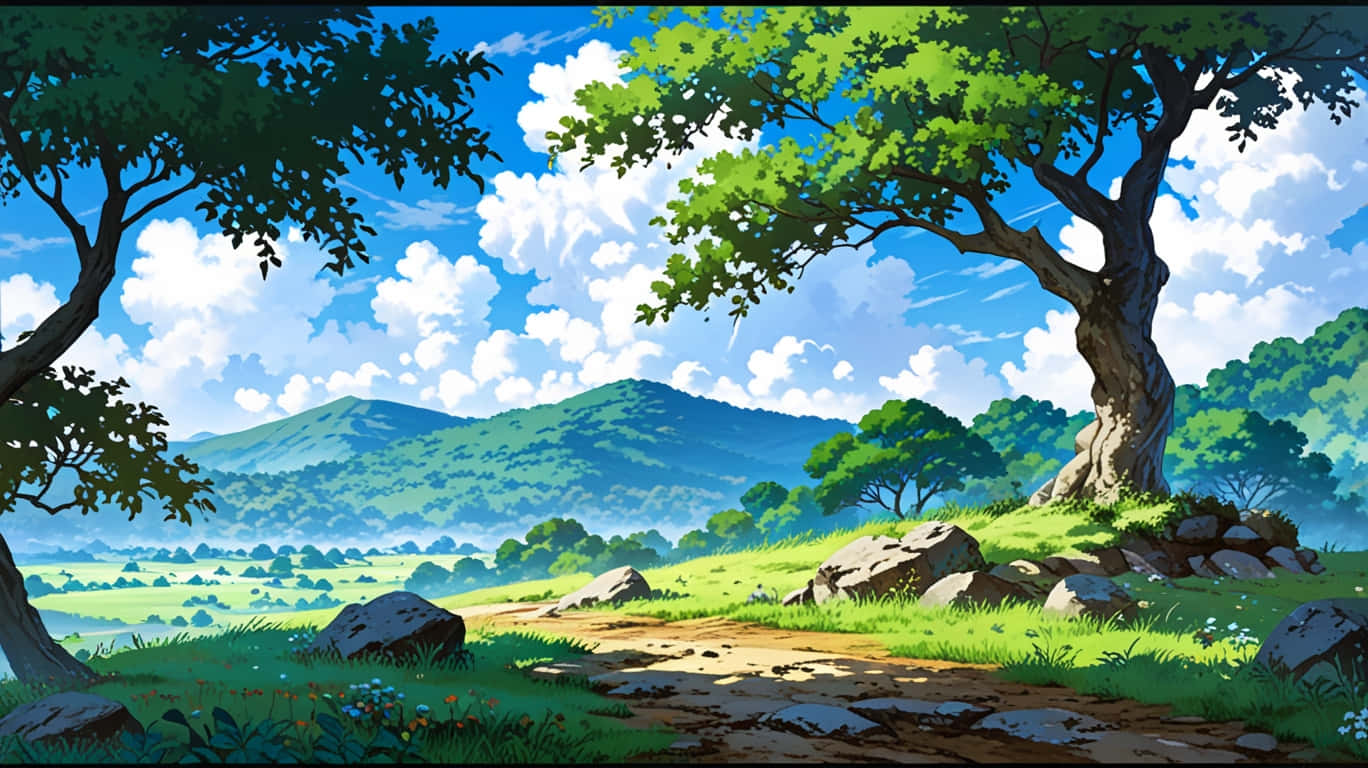 Mountain Fade 壁紙 — 一個陽光明媚的動畫風景，蜿蜒的泥土路兩旁是茂密的綠樹，遠處是連綿起伏的山丘，在明亮的藍天下有蓬鬆的白雲。