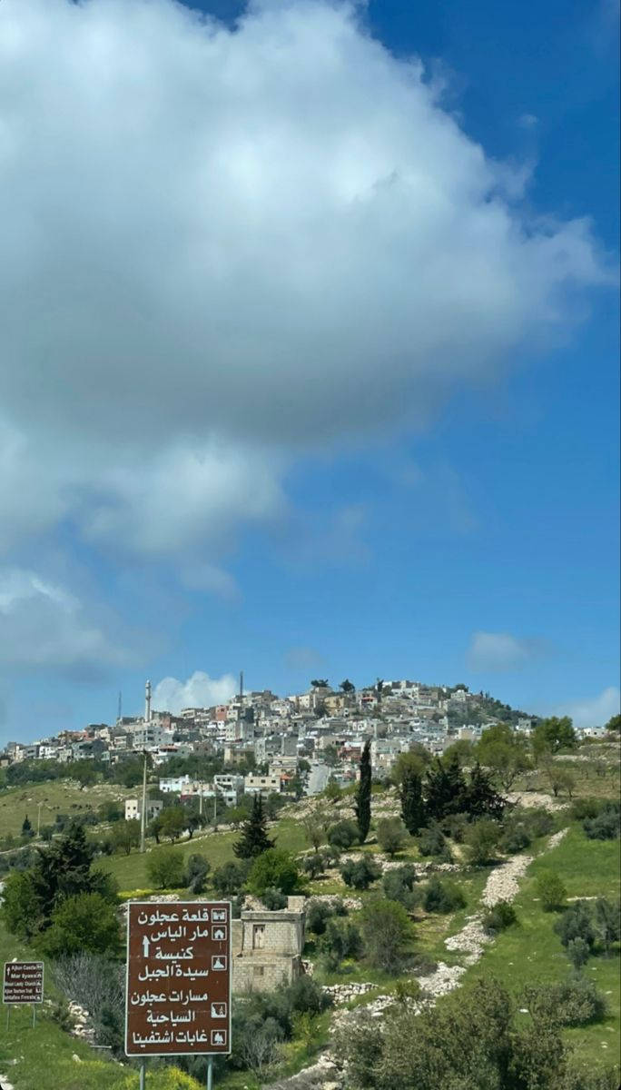 Jordan 桌布 壁紙 — 一個陽光明媚的山坡村莊，白色建築坐落在綠樹叢中，上方是明亮的藍天和蓬鬆的雲朵。