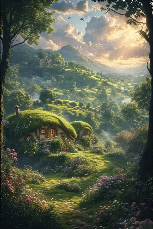 Hobbiton Hills and Hobbit Houses Fantasy 4K 壁紙 — 一個陽光明媚的山谷，長滿苔蘚屋頂的小屋坐落在連綿起伏的綠色山丘和盛開的粉紅色花朵之間，天空壯麗。